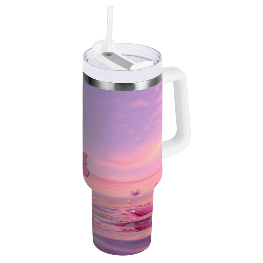 30 oz Insulated Stainless Steel Tumbler Double Wall Stainless Steel Tumbler with 2-Way Drinking Pink Butterflies Flying C492Q
