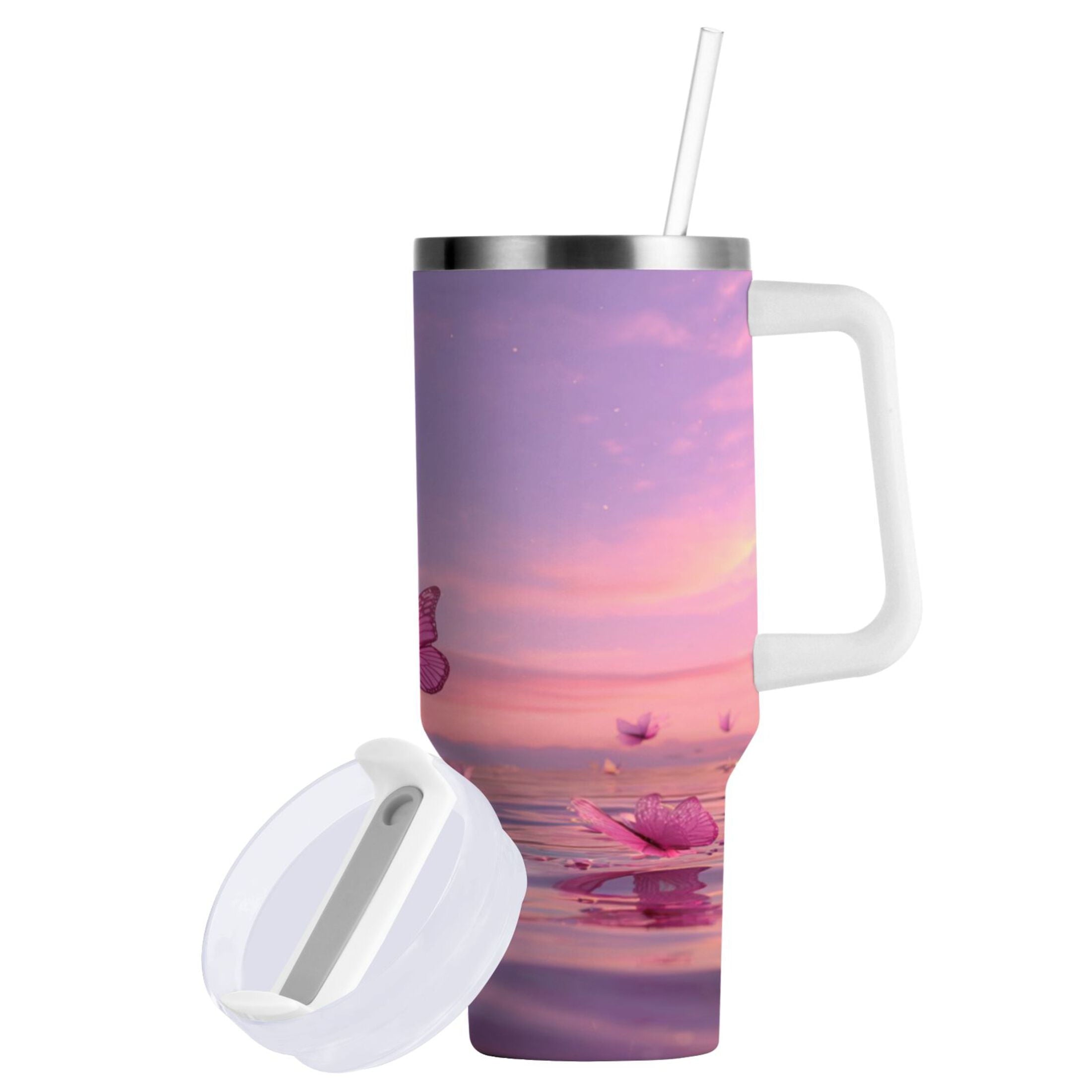 30 oz Insulated Stainless Steel Tumbler Double Wall Stainless Steel Tumbler with 2-Way Drinking Pink Butterflies Flying C492Q