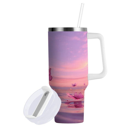30 oz Insulated Stainless Steel Tumbler Double Wall Stainless Steel Tumbler with 2-Way Drinking Pink Butterflies Flying C492Q