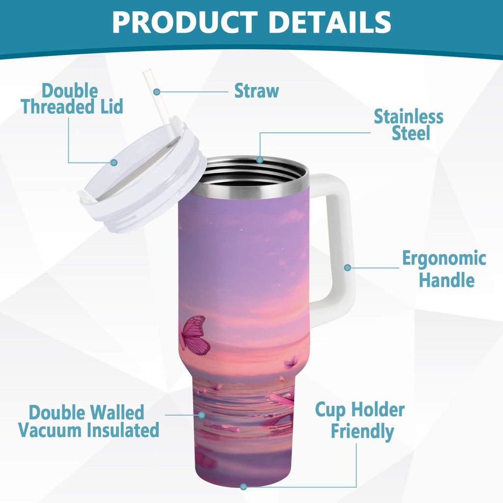 30 oz Insulated Stainless Steel Tumbler Double Wall Stainless Steel Tumbler with 2-Way Drinking Pink Butterflies Flying C492Q