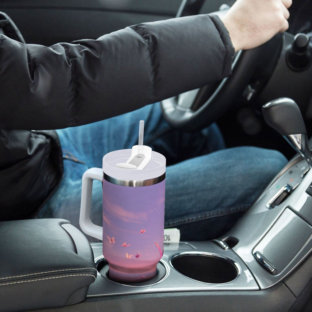 30 oz Insulated Stainless Steel Tumbler Double Wall Stainless Steel Tumbler with 2-Way Drinking Pink Butterflies Flying C492Q