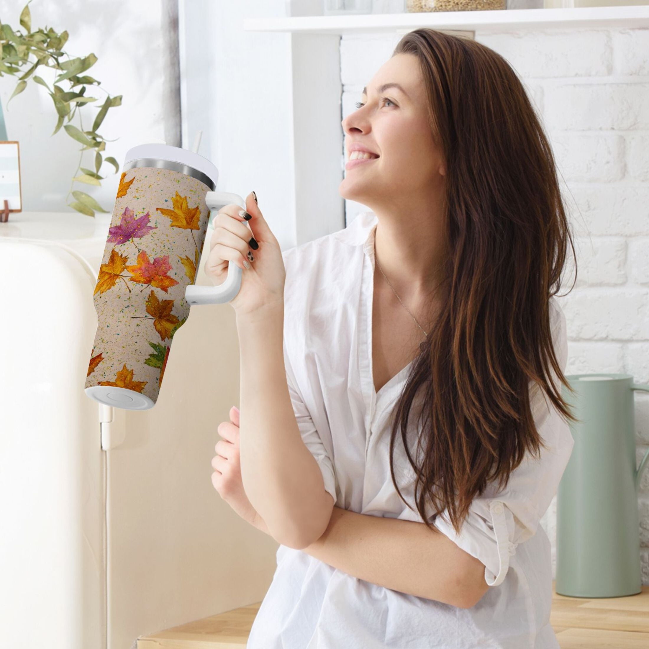 40 oz Insulated Stainless Steel Tumbler Double Wall Stainless Steel Tumbler with 2-Way Drinking Colored Autumn Leaves C452W