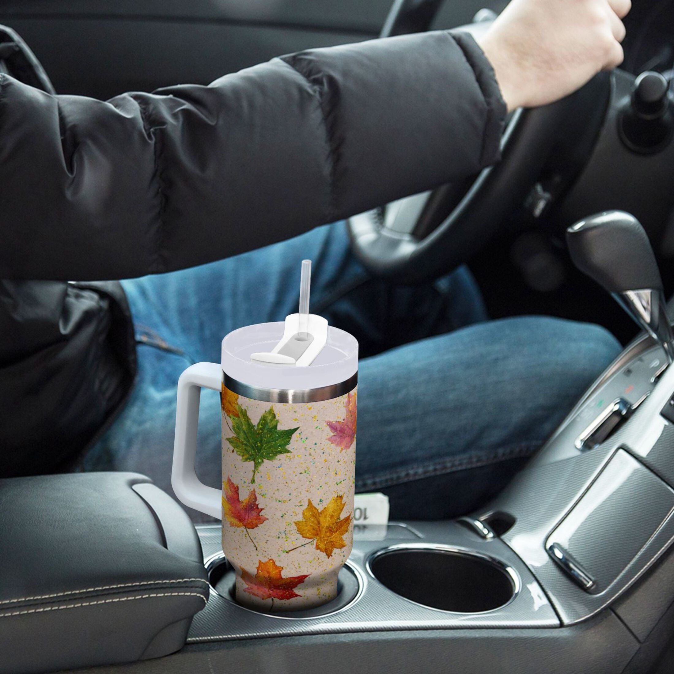 40 oz Insulated Stainless Steel Tumbler Double Wall Stainless Steel Tumbler with 2-Way Drinking Colored Autumn Leaves C452W