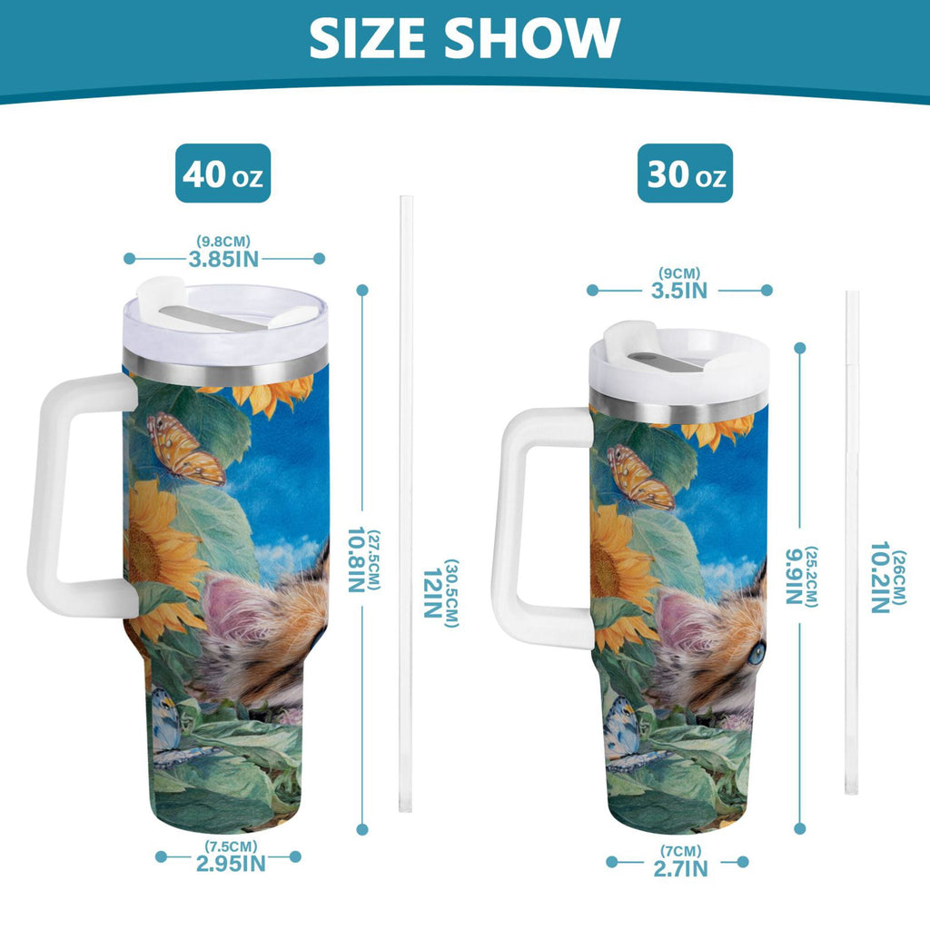 40 oz Insulated Stainless Steel Tumbler Double Wall Stainless Steel Tumbler with 2-Way Drinking Playful Cat Lying Sunflowers C549F