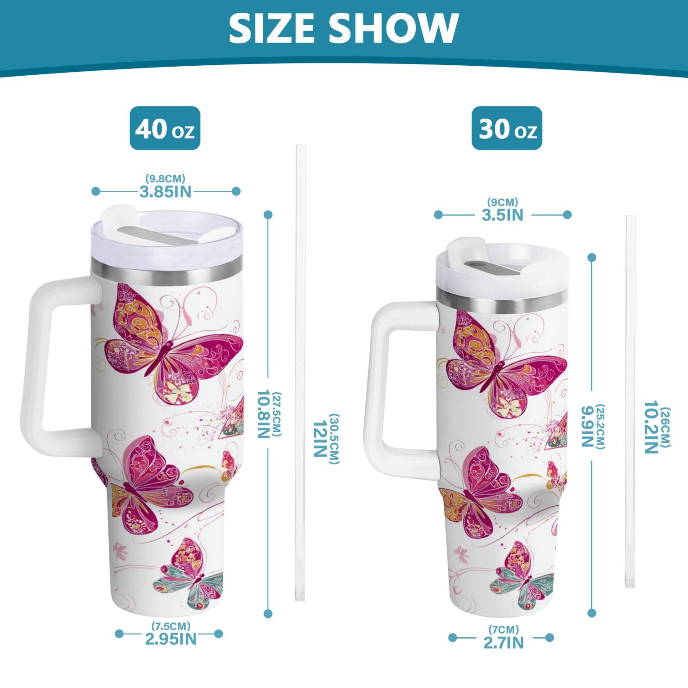 30 oz Insulated Stainless Steel Tumbler Double Wall Stainless Steel Tumbler with 2-Way Drinking Colorful Butterflies C605U