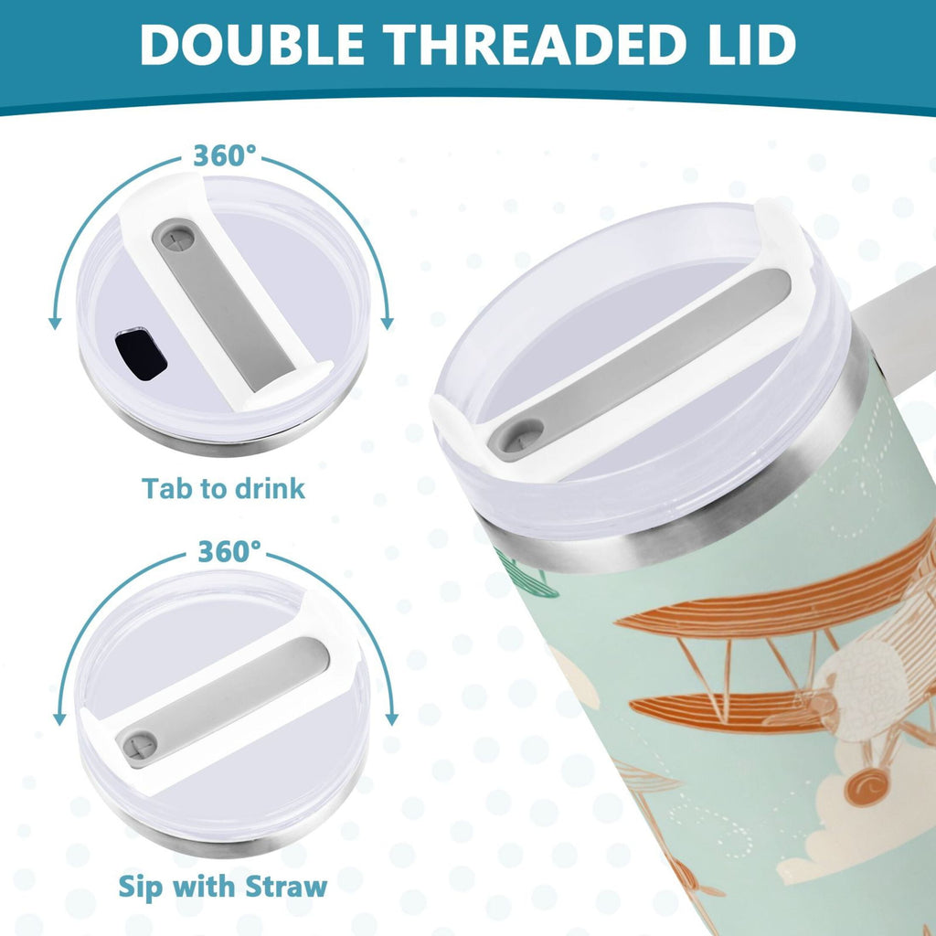40 oz Insulated Stainless Steel Tumbler Double Wall Stainless Steel Tumbler with 2-Way Drinking Cute Airplanes C647S