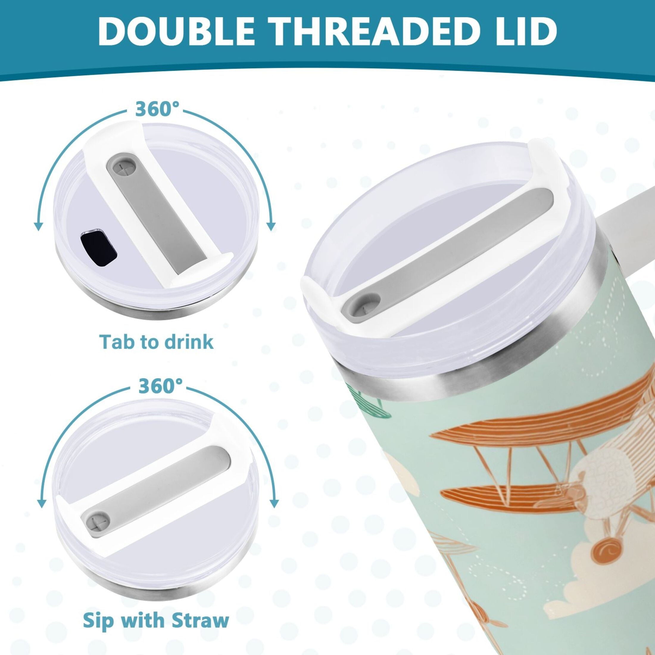 40 oz Insulated Stainless Steel Tumbler Double Wall Stainless Steel Tumbler with 2-Way Drinking Cute Airplanes C647S