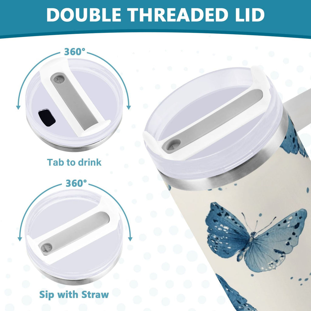 30 oz Insulated Stainless Steel Tumbler Double Wall Stainless Steel Tumbler with 2-Way Drinking Blue Watercolor Butterflies C572C