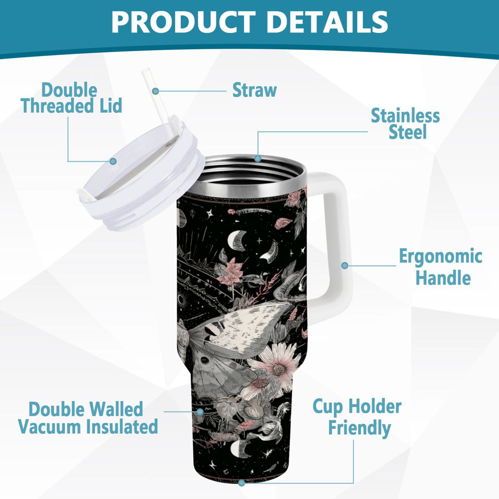 40 oz Insulated Stainless Steel Tumbler Double Wall Stainless Steel Tumbler with 2-Way Drinking Butterfly Surrounded by Flowers C640W