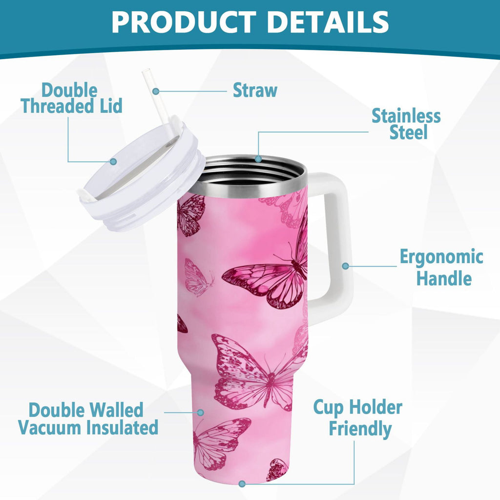 40 oz Insulated Stainless Steel Tumbler Double Wall Stainless Steel Tumbler with 2-Way Drinking Pink Butterfly Pattern C629H