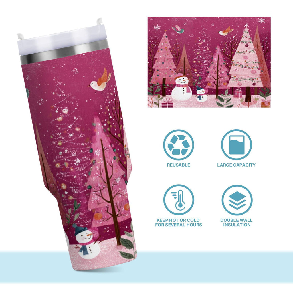 40 oz Insulated Stainless Steel Tumbler Double Wall Stainless Steel Tumbler with 2-Way Drinking Pink Christmas Forest C512J
