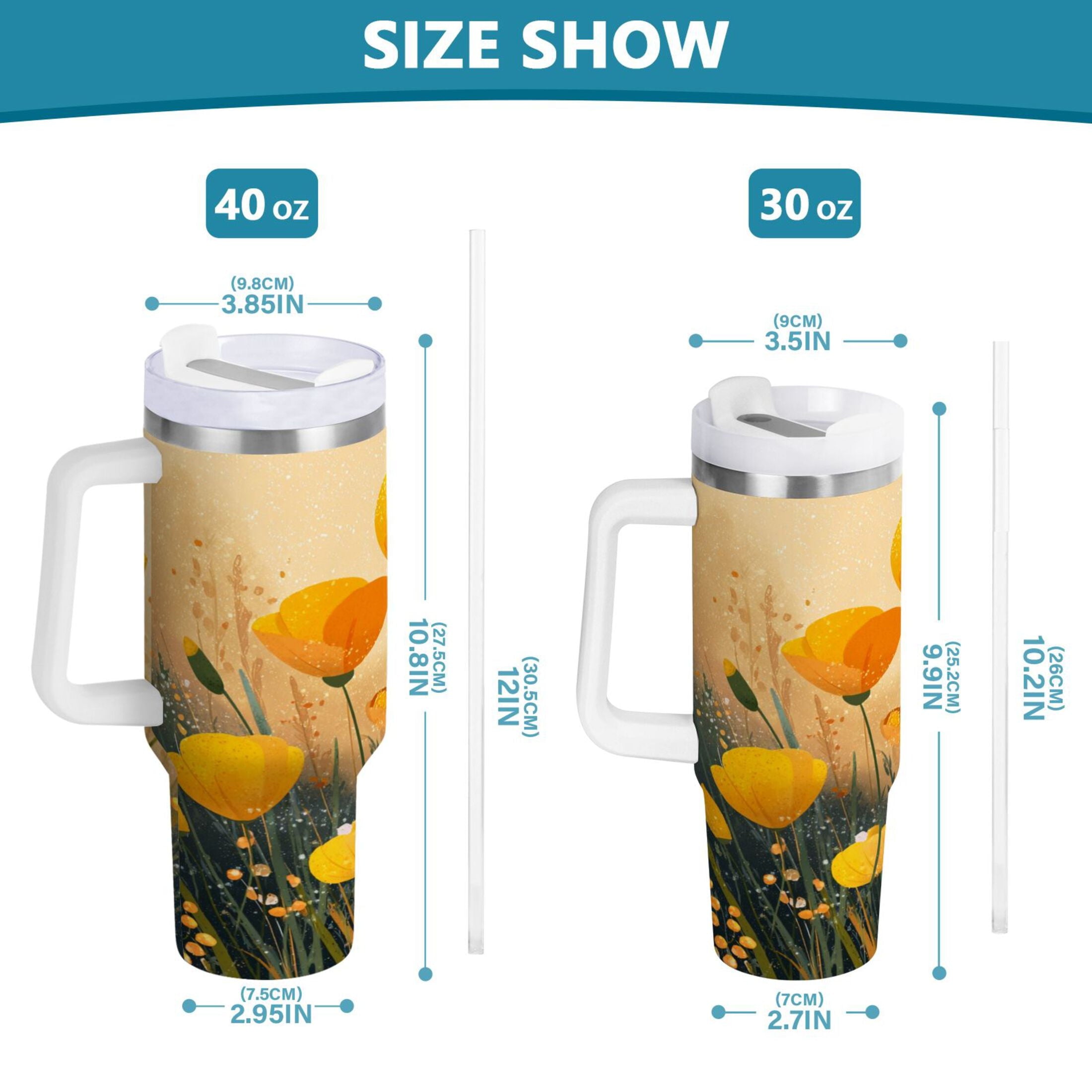 30 oz Insulated Stainless Steel Tumbler Double Wall Stainless Steel Tumbler with 2-Way Drinking Yellow Flowers on The Grass C594J