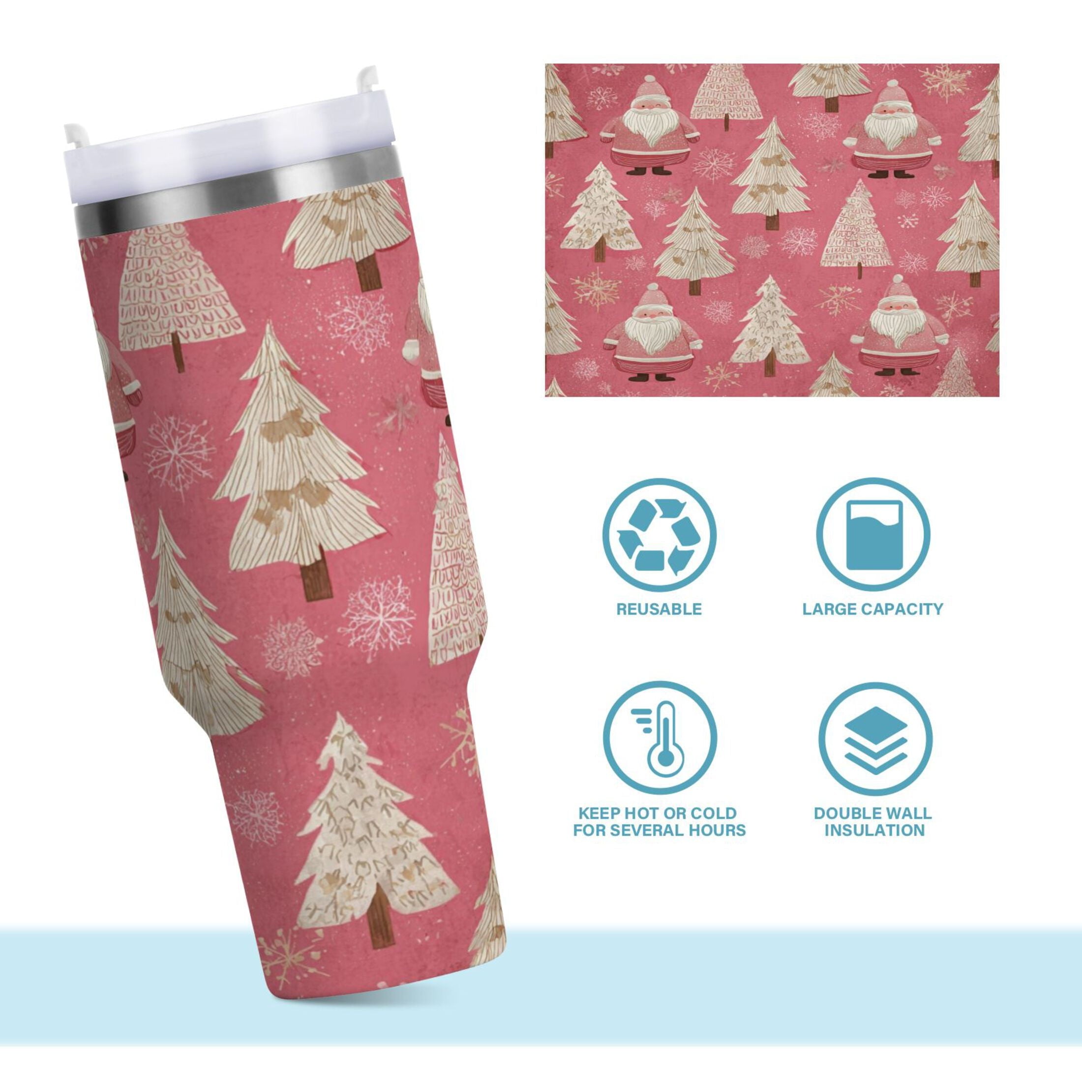 40 oz Insulated Stainless Steel Tumbler Double Wall Stainless Steel Tumbler with 2-Way Drinking Pink Santa Claus Pattern C527W