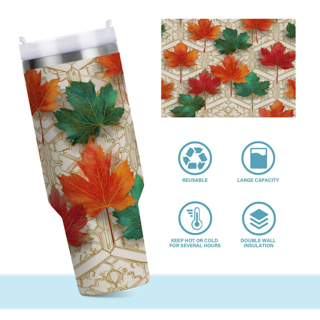 30 oz Insulated Stainless Steel Tumbler Double Wall Stainless Steel Tumbler with 2-Way Drinking Green and Red Maple Leaves C565G