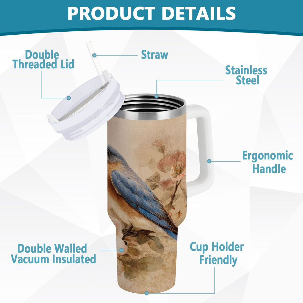 40 oz Insulated Stainless Steel Tumbler Double Wall Stainless Steel Tumbler with 2-Way Drinking Bluebird and Ancient Flowers C574Z