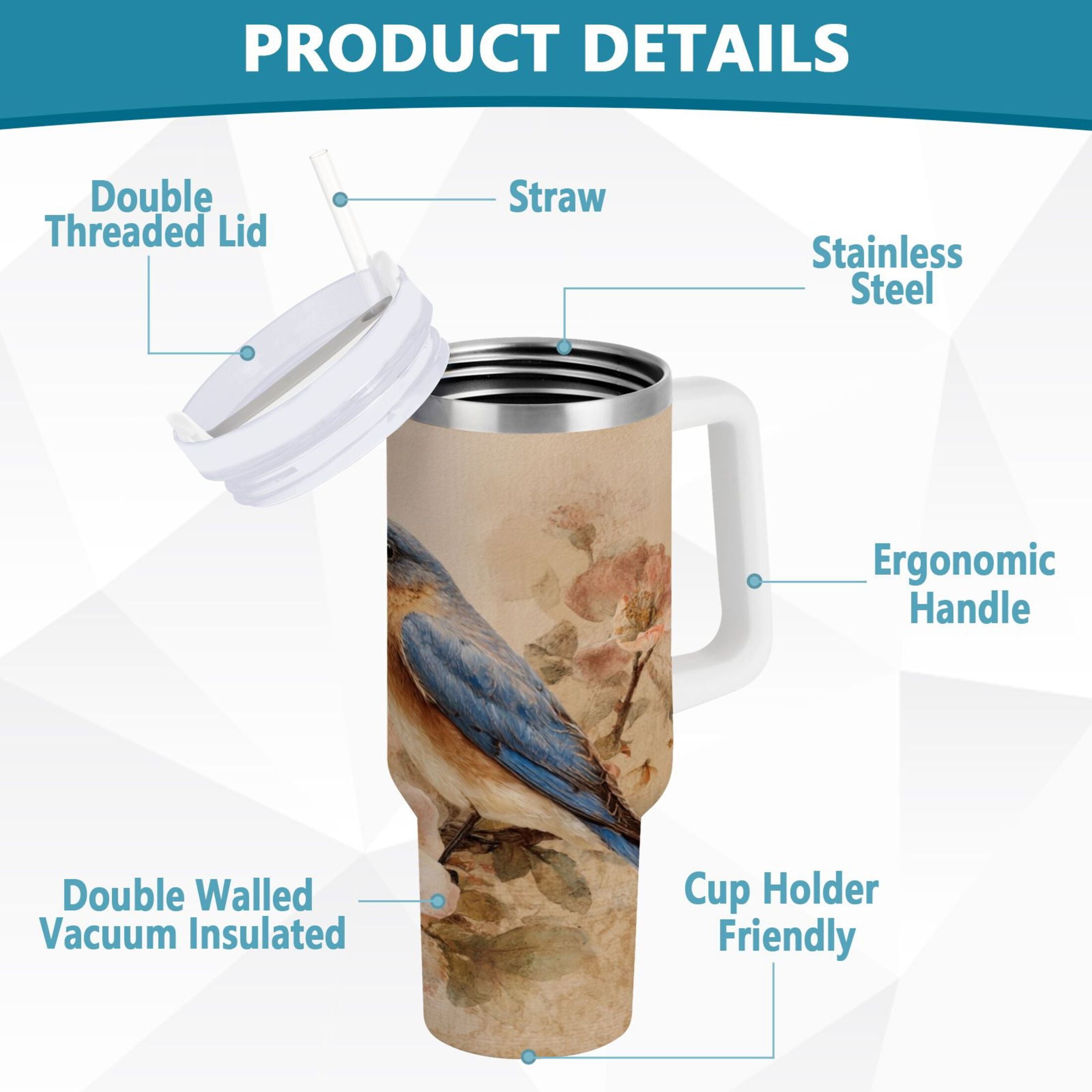 40 oz Insulated Stainless Steel Tumbler Double Wall Stainless Steel Tumbler with 2-Way Drinking Bluebird and Ancient Flowers C574Z