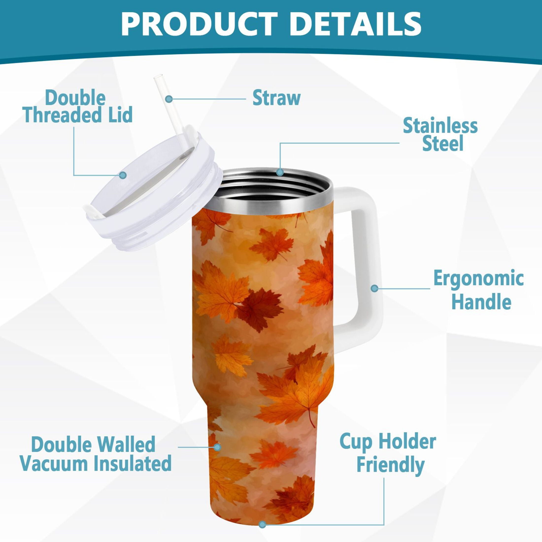 40 oz Insulated Stainless Steel Tumbler Double Wall Stainless Steel Tumbler with 2-Way Drinking Orange and Brown Autumn Leaves C481E