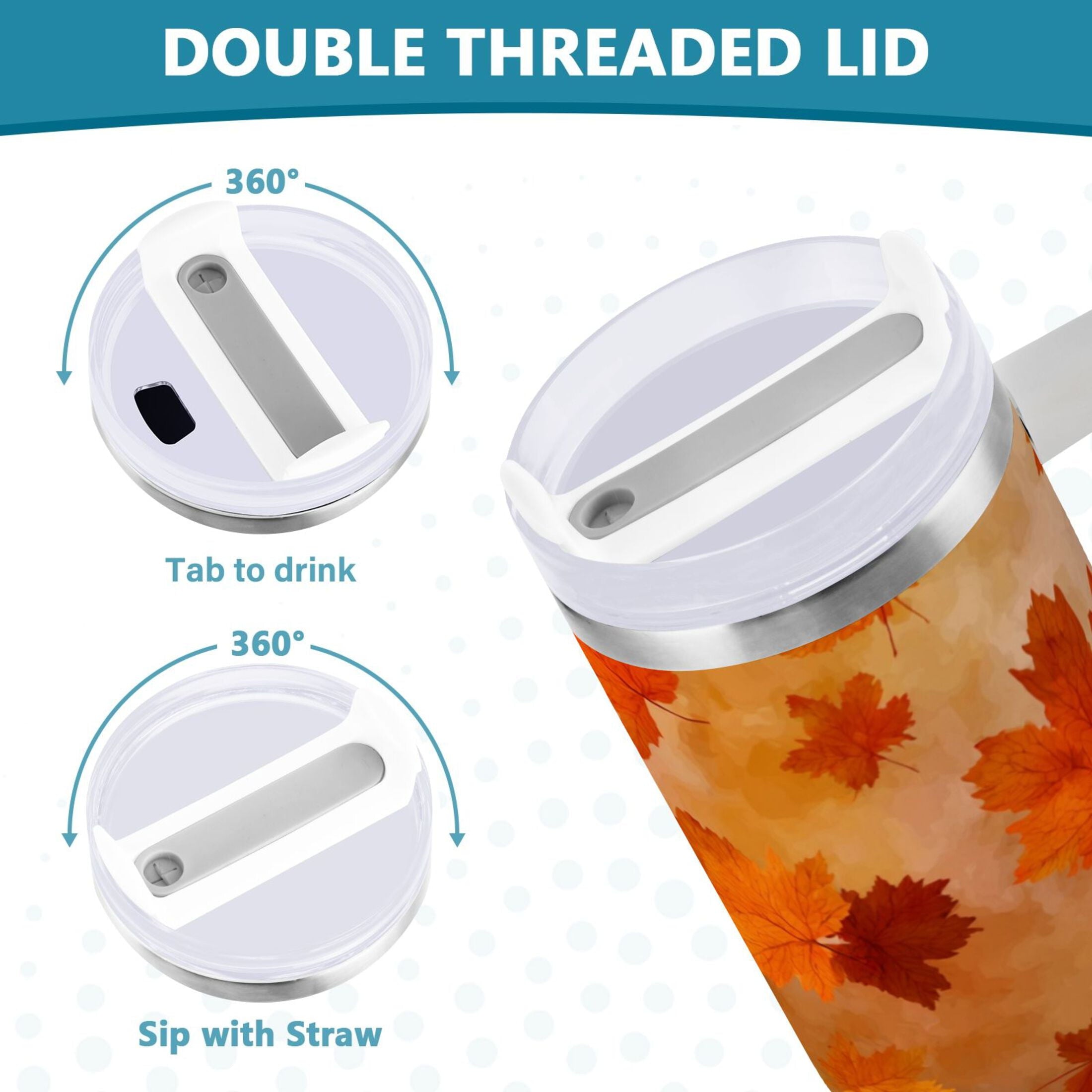 40 oz Insulated Stainless Steel Tumbler Double Wall Stainless Steel Tumbler with 2-Way Drinking Orange and Brown Autumn Leaves C481E
