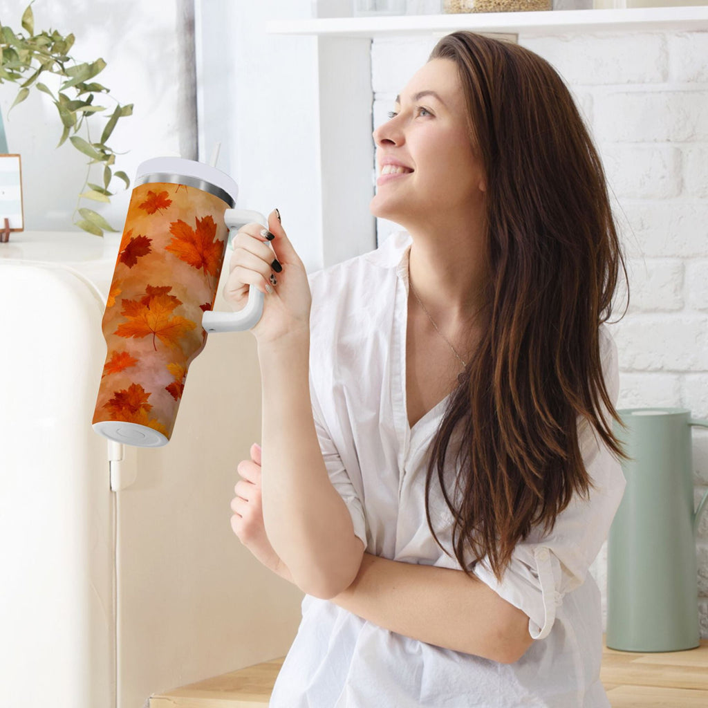 40 oz Insulated Stainless Steel Tumbler Double Wall Stainless Steel Tumbler with 2-Way Drinking Orange and Brown Autumn Leaves C481E