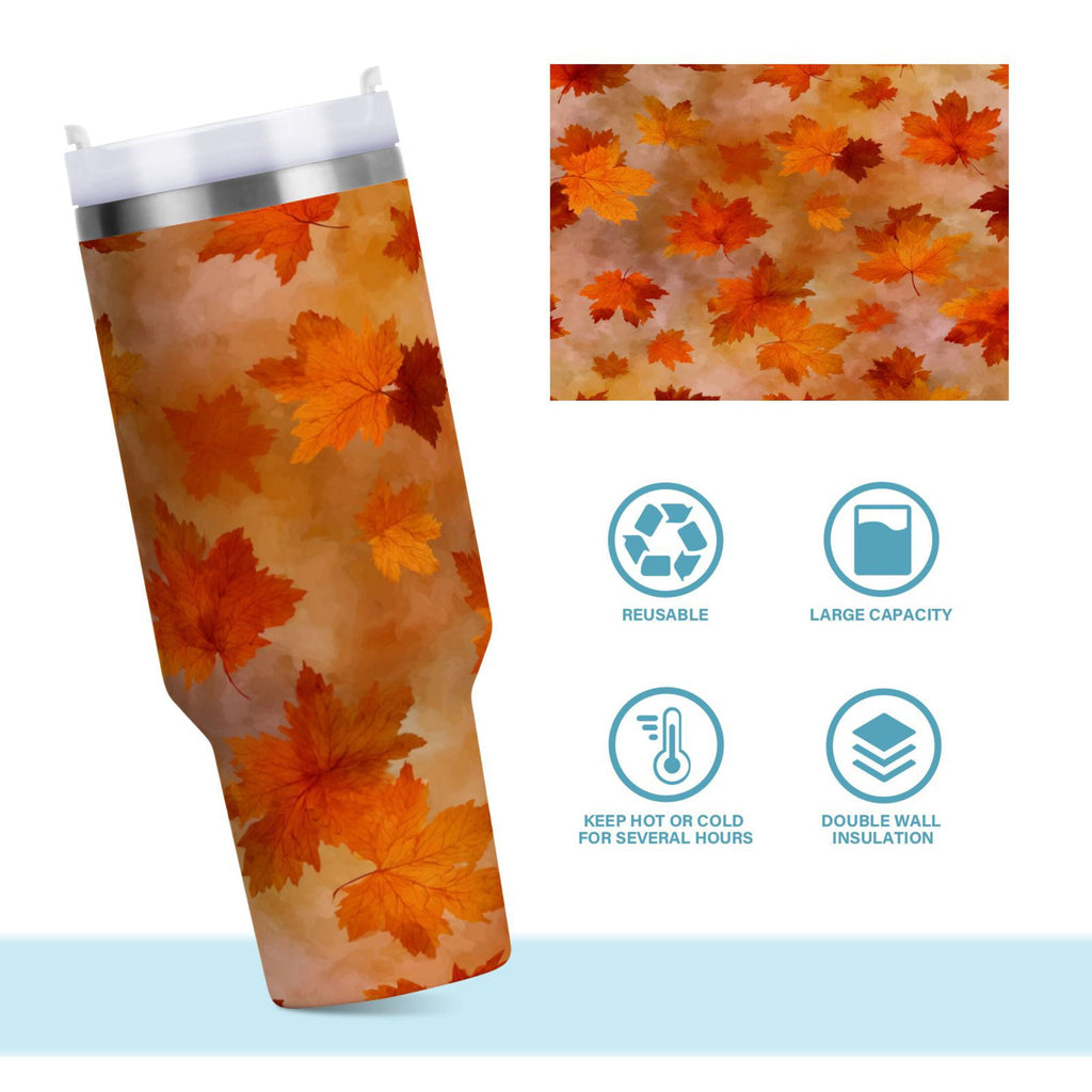 40 oz Insulated Stainless Steel Tumbler Double Wall Stainless Steel Tumbler with 2-Way Drinking Orange and Brown Autumn Leaves C481E