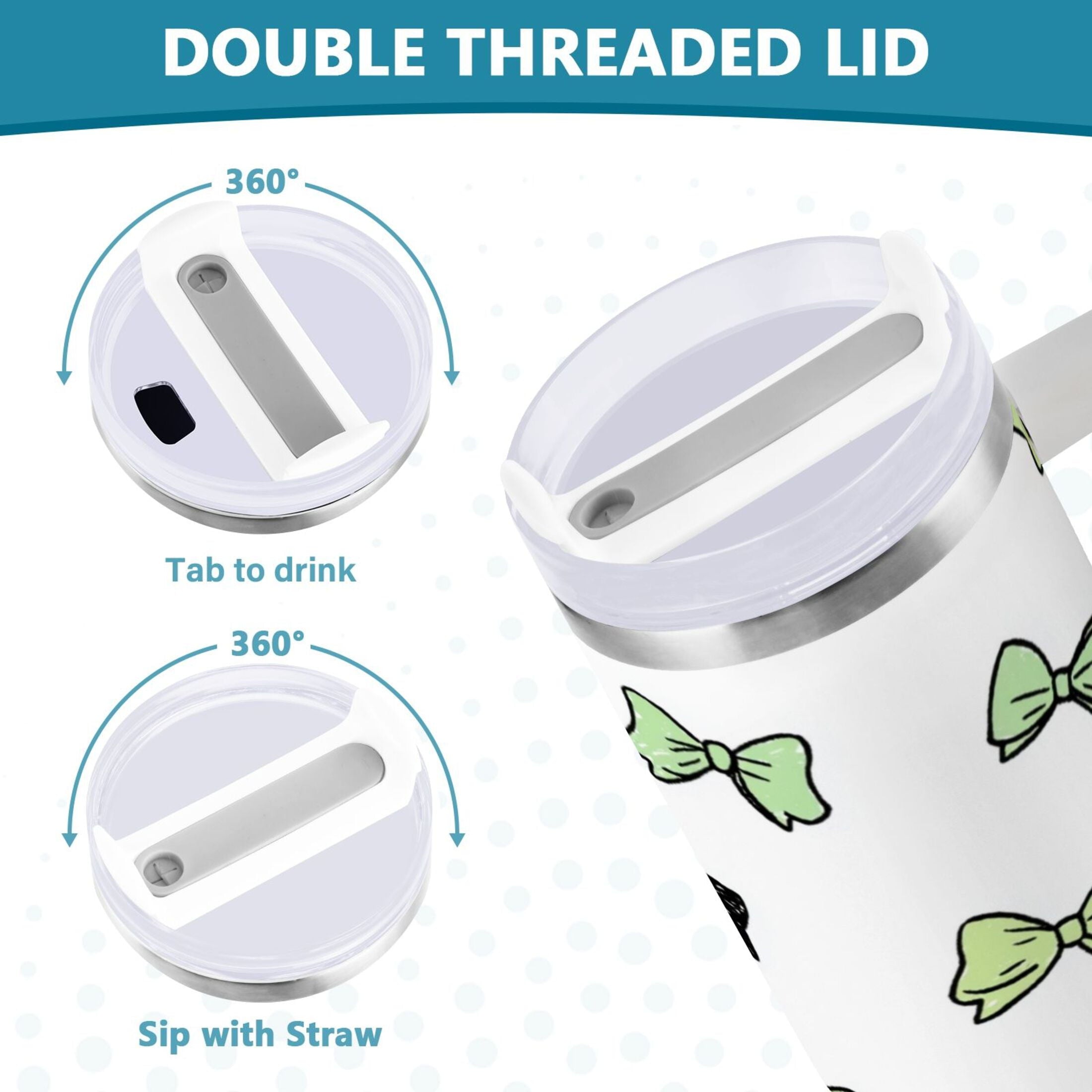 40 oz Insulated Stainless Steel Tumbler Double Wall Stainless Steel Tumbler with 2-Way Drinking Green and Black Bows C553N