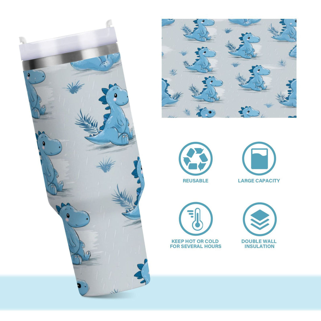 30 oz Insulated Stainless Steel Tumbler Double Wall Stainless Steel Tumbler with 2-Way Drinking Cartoon Blue Dinosaurs C495T