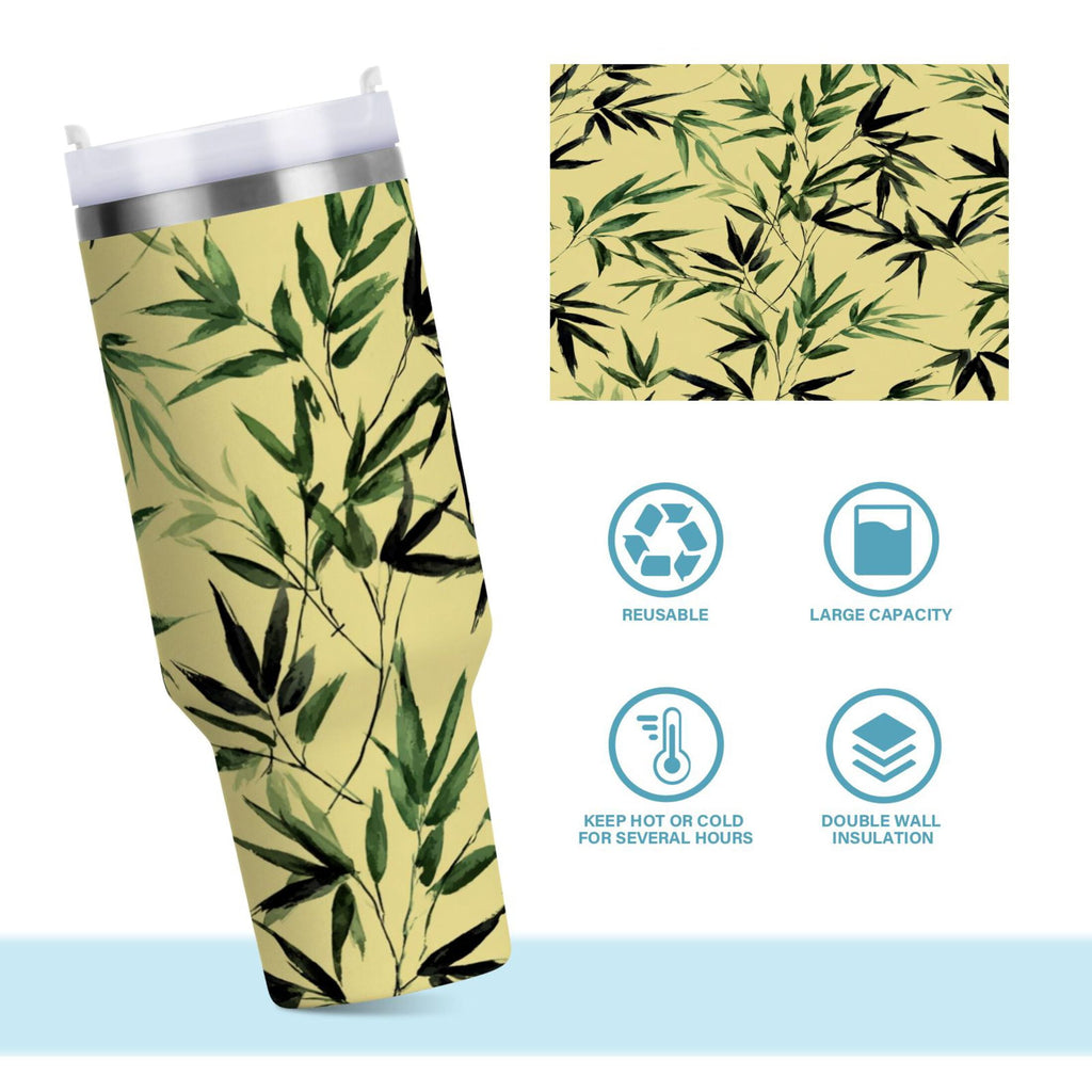 30 oz Insulated Stainless Steel Tumbler Double Wall Stainless Steel Tumbler with 2-Way Drinking Bamboo and Green Leaves C633Y