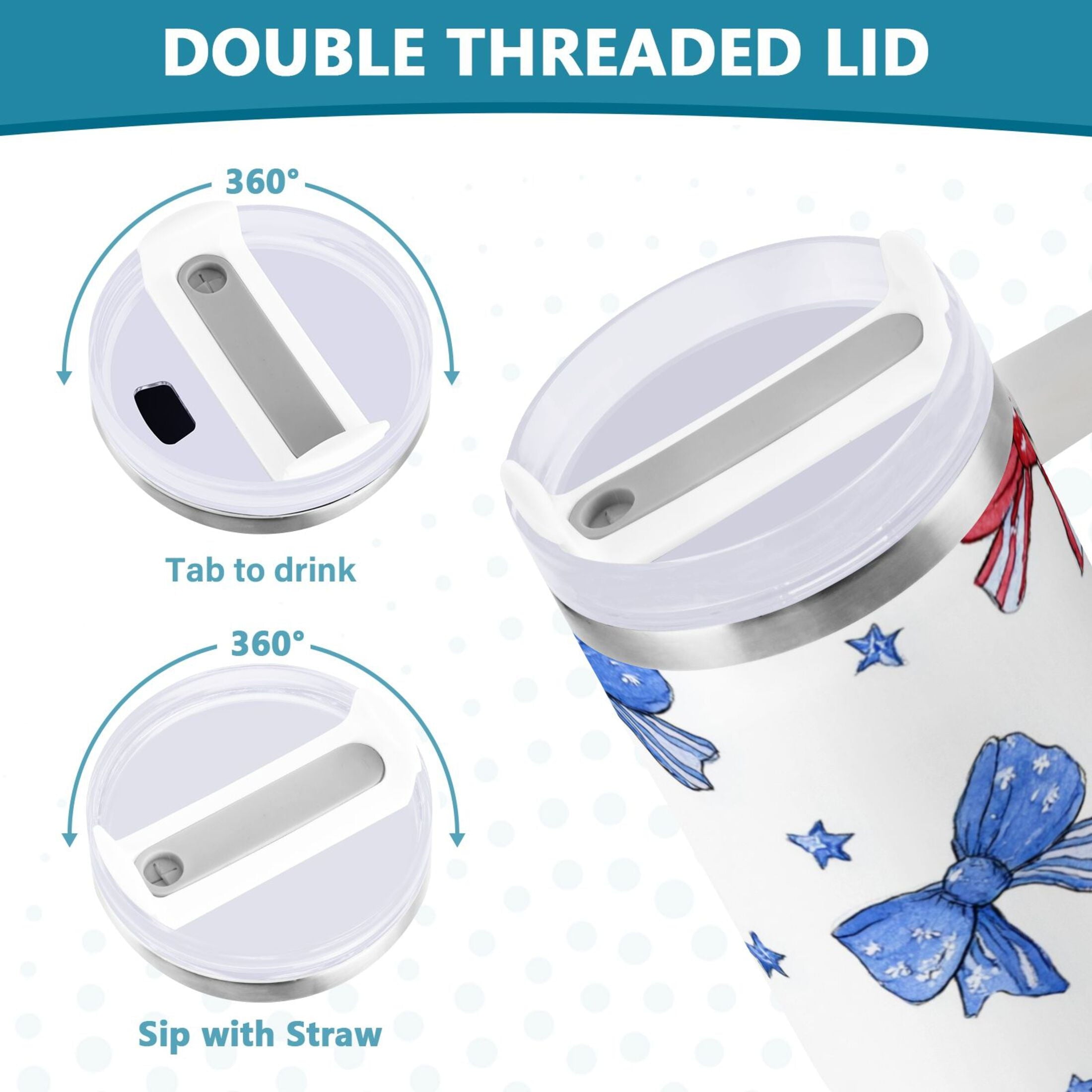 40 oz Insulated Stainless Steel Tumbler Double Wall Stainless Steel Tumbler with 2-Way Drinking Hand-drawn Bows C587D