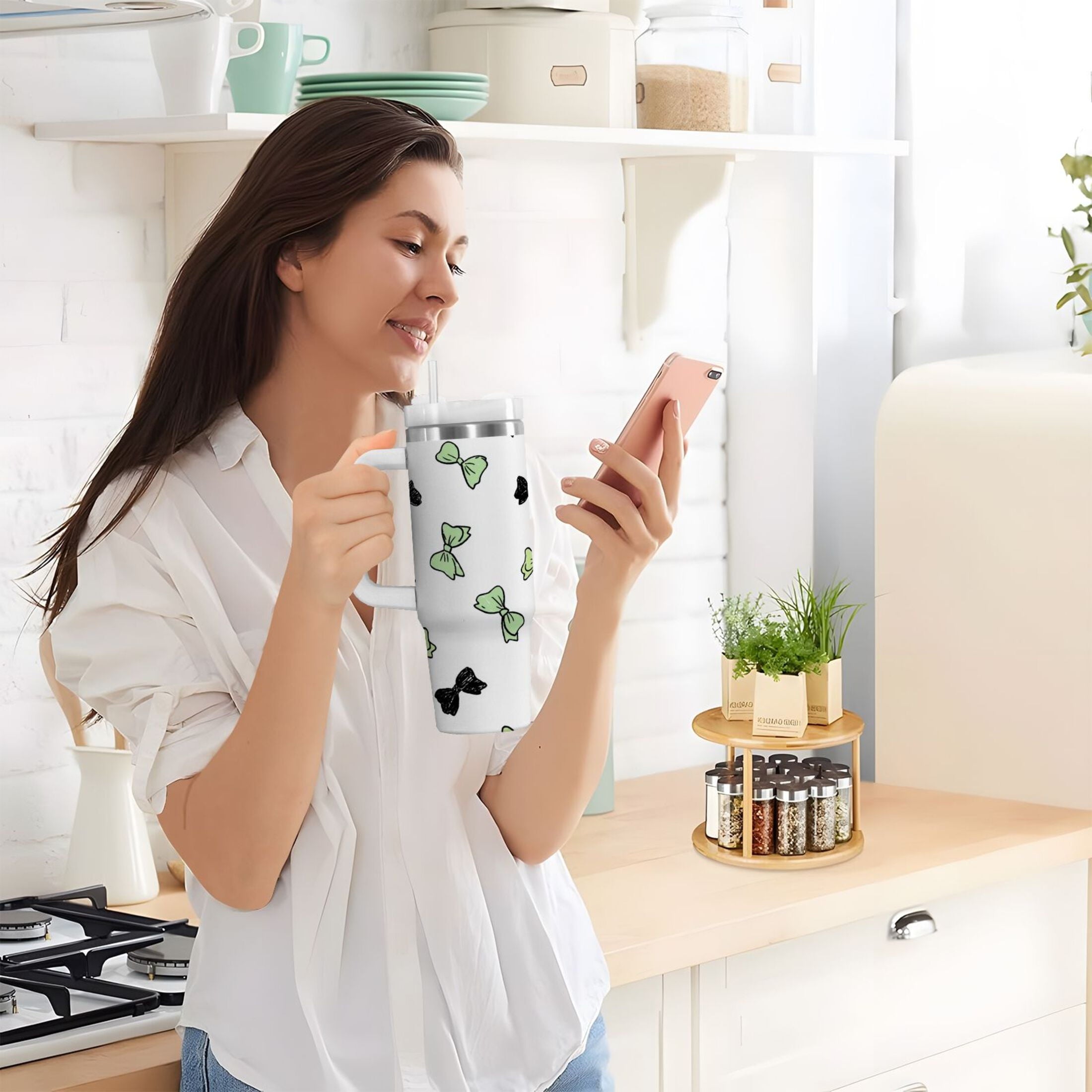 40 oz Insulated Stainless Steel Tumbler Double Wall Stainless Steel Tumbler with 2-Way Drinking Green and Black Bows C553N