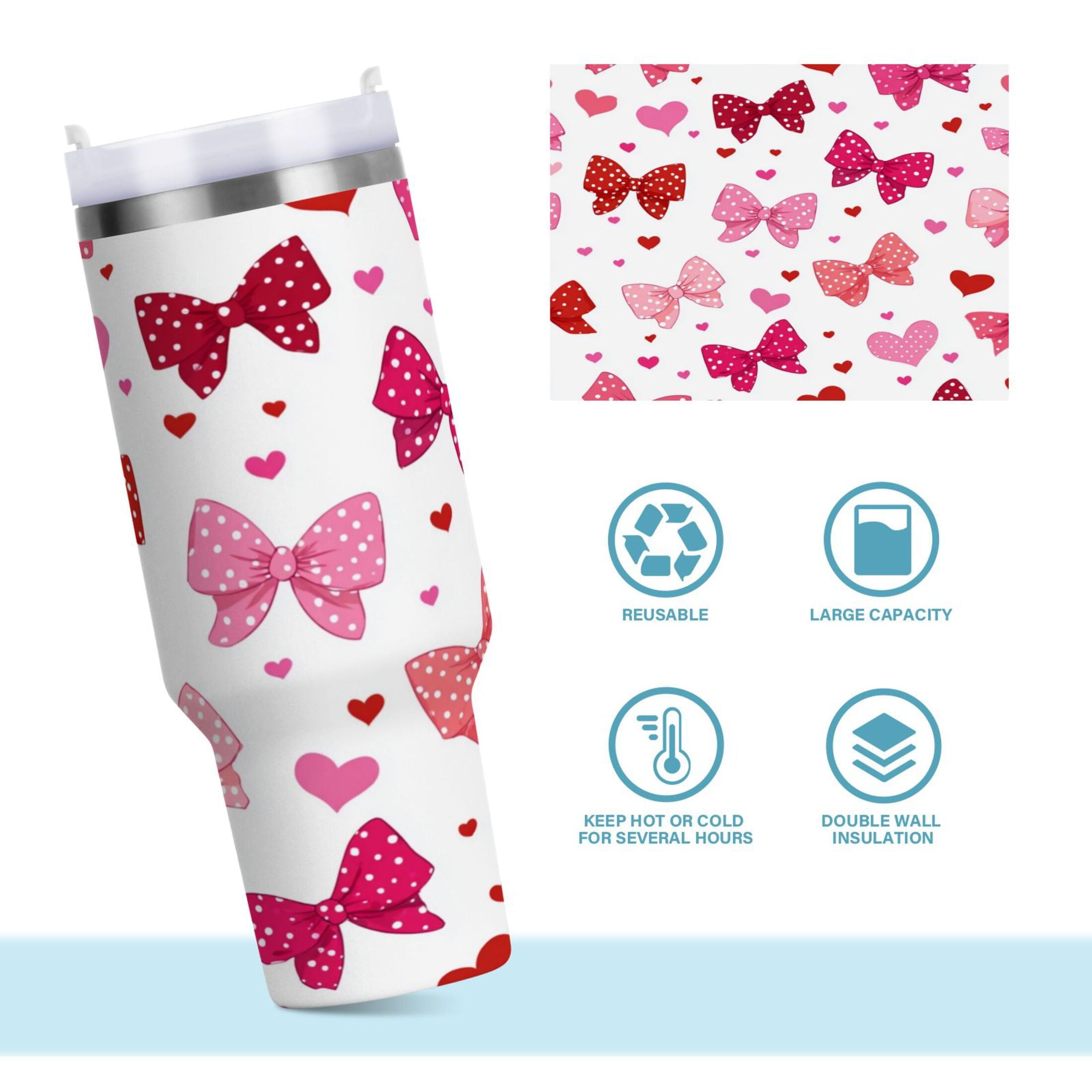 30 oz Insulated Stainless Steel Tumbler Double Wall Stainless Steel Tumbler with 2-Way Drinking Red and Pink Bows C595K
