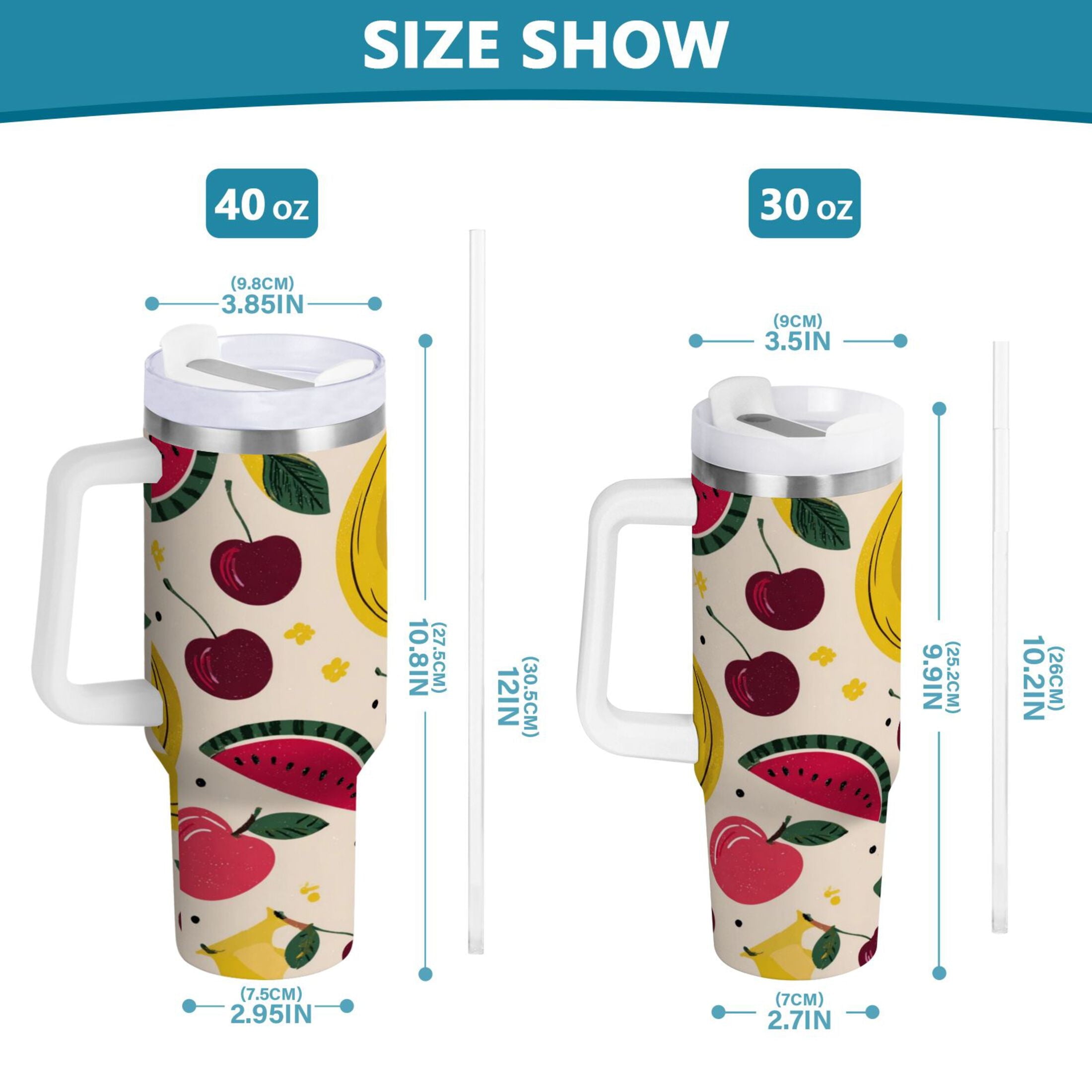 30 oz Insulated Stainless Steel Tumbler Double Wall Stainless Steel Tumbler with 2-Way Drinking Watermelon and Cherries C579V