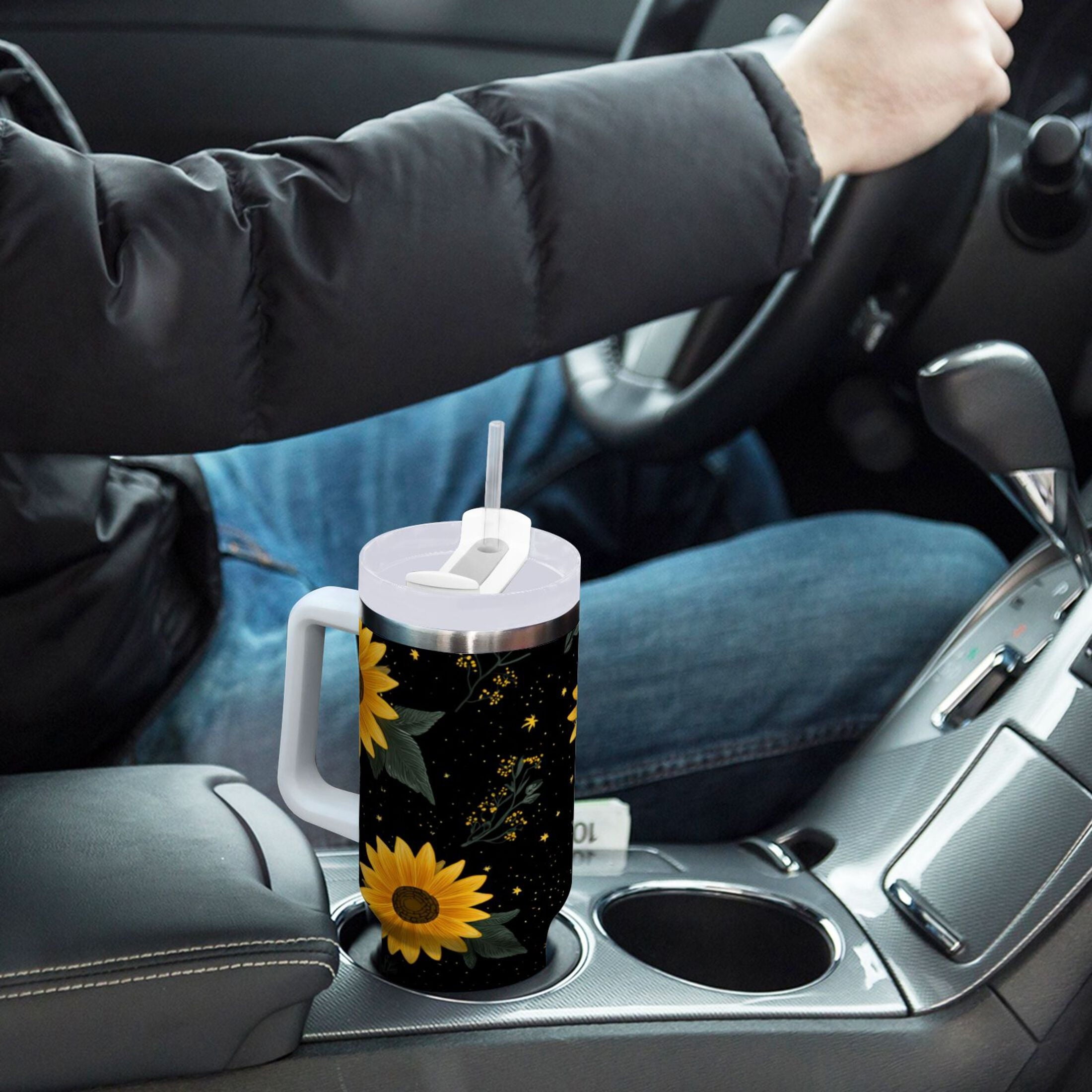 30 oz Insulated Stainless Steel Tumbler Double Wall Stainless Steel Tumbler with 2-Way Drinking Yellow Sunflower Pattern C532R