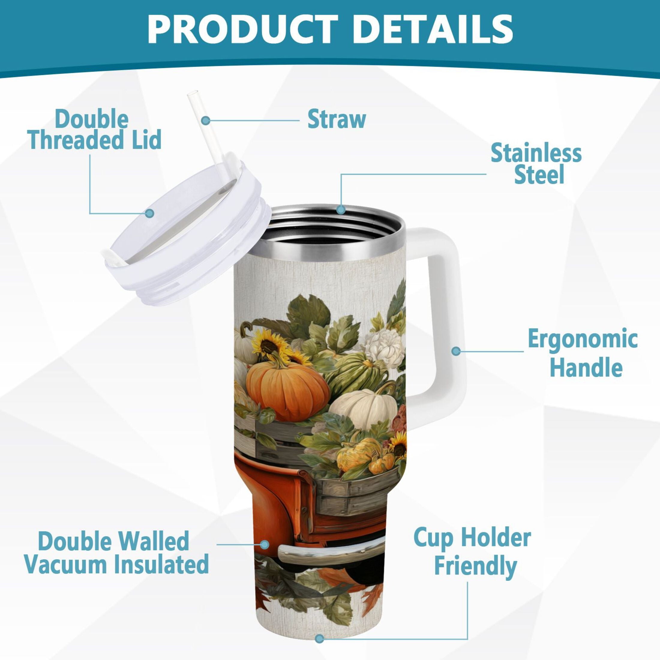 40 oz Insulated Stainless Steel Tumbler Double Wall Stainless Steel Tumbler with 2-Way Drinking Truck Full Of Pumpkins C650E