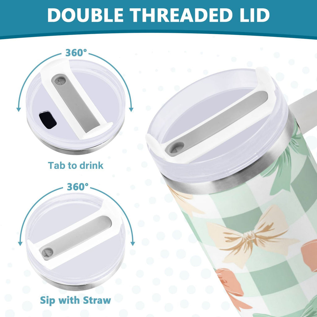 40 oz Insulated Stainless Steel Tumbler Double Wall Stainless Steel Tumbler with 2-Way Drinking Green and Peach Bow Pattern C544U
