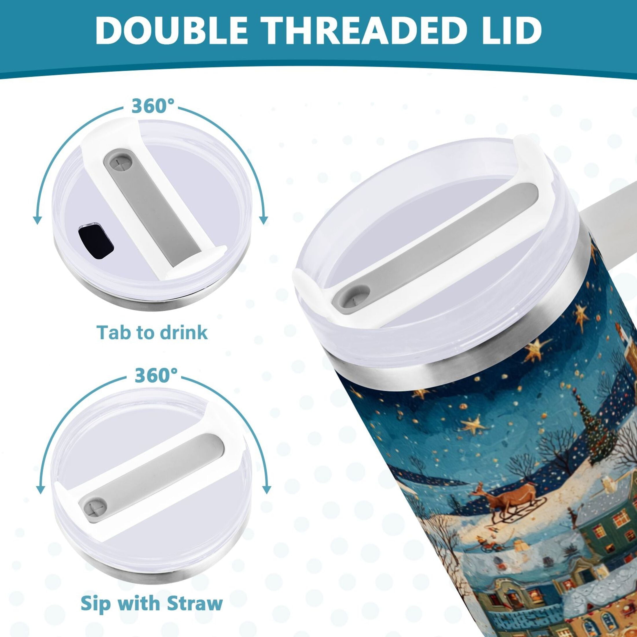 30 oz Insulated Stainless Steel Tumbler Double Wall Stainless Steel Tumbler with 2-Way Drinking Whimsical Christmas Scene C545R