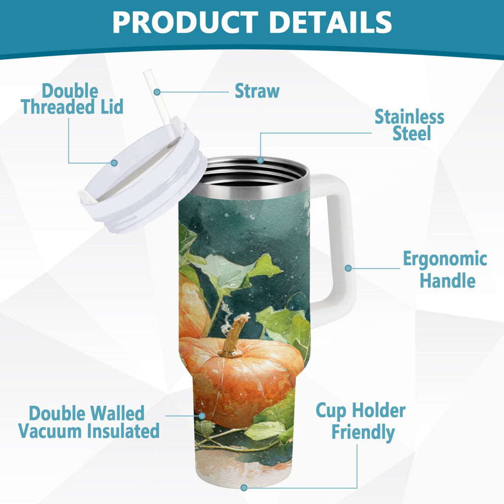 40 oz Insulated Stainless Steel Tumbler Double Wall Stainless Steel Tumbler with 2-Way Drinking Orange and White Pumpkins C535W