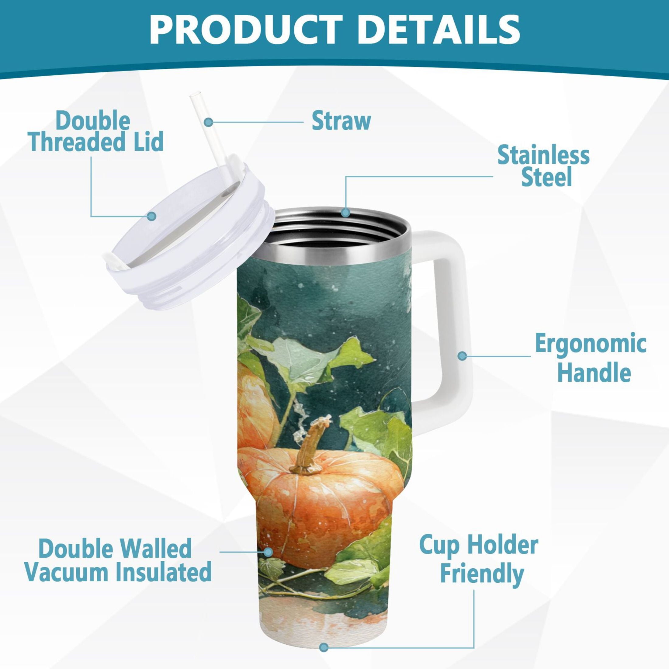 40 oz Insulated Stainless Steel Tumbler Double Wall Stainless Steel Tumbler with 2-Way Drinking Orange and White Pumpkins C535W