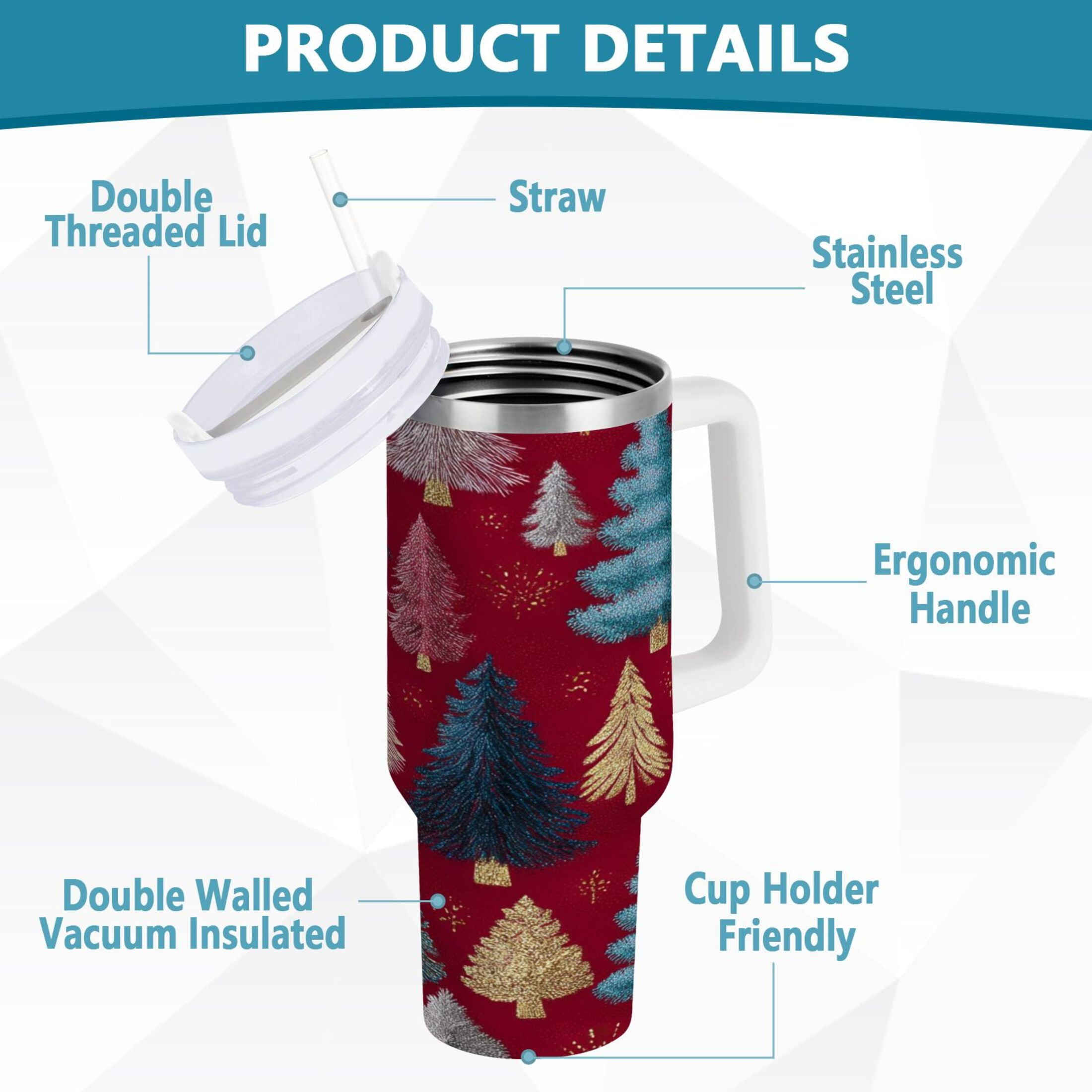 30 oz Insulated Stainless Steel Tumbler Double Wall Stainless Steel Tumbler with 2-Way Drinking Stylized Christmas Trees C644G