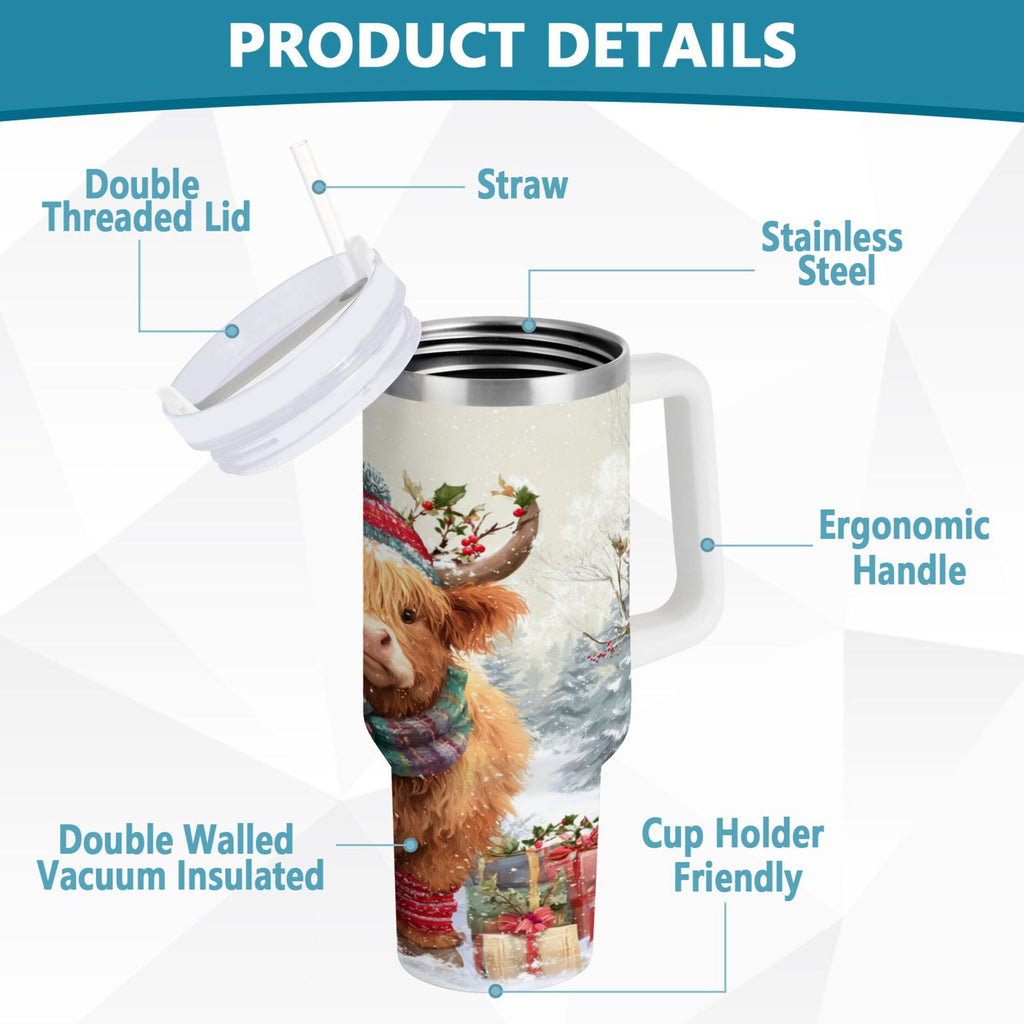 30 oz Insulated Stainless Steel Tumbler Double Wall Stainless Steel Tumbler with 2-Way Drinking Cow Wearing Christmas Hat C681C