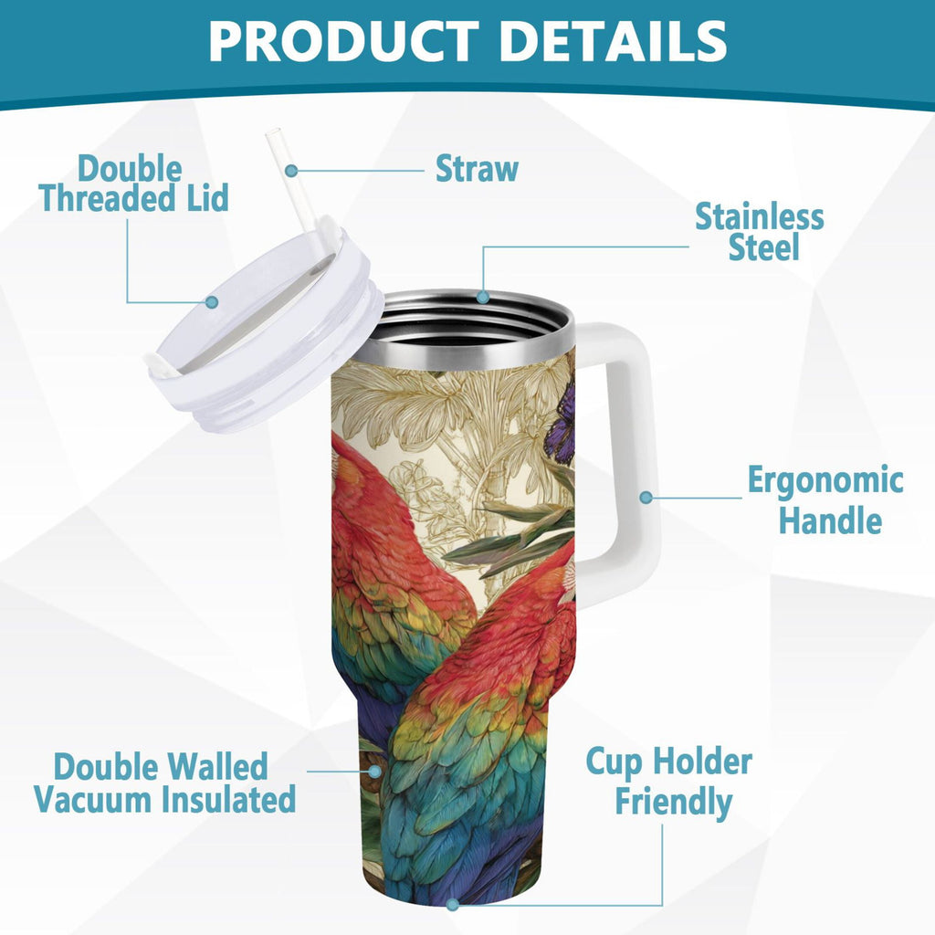 30 oz Insulated Stainless Steel Tumbler Double Wall Stainless Steel Tumbler with 2-Way Drinking Colorful Beautiful Parrots C520E