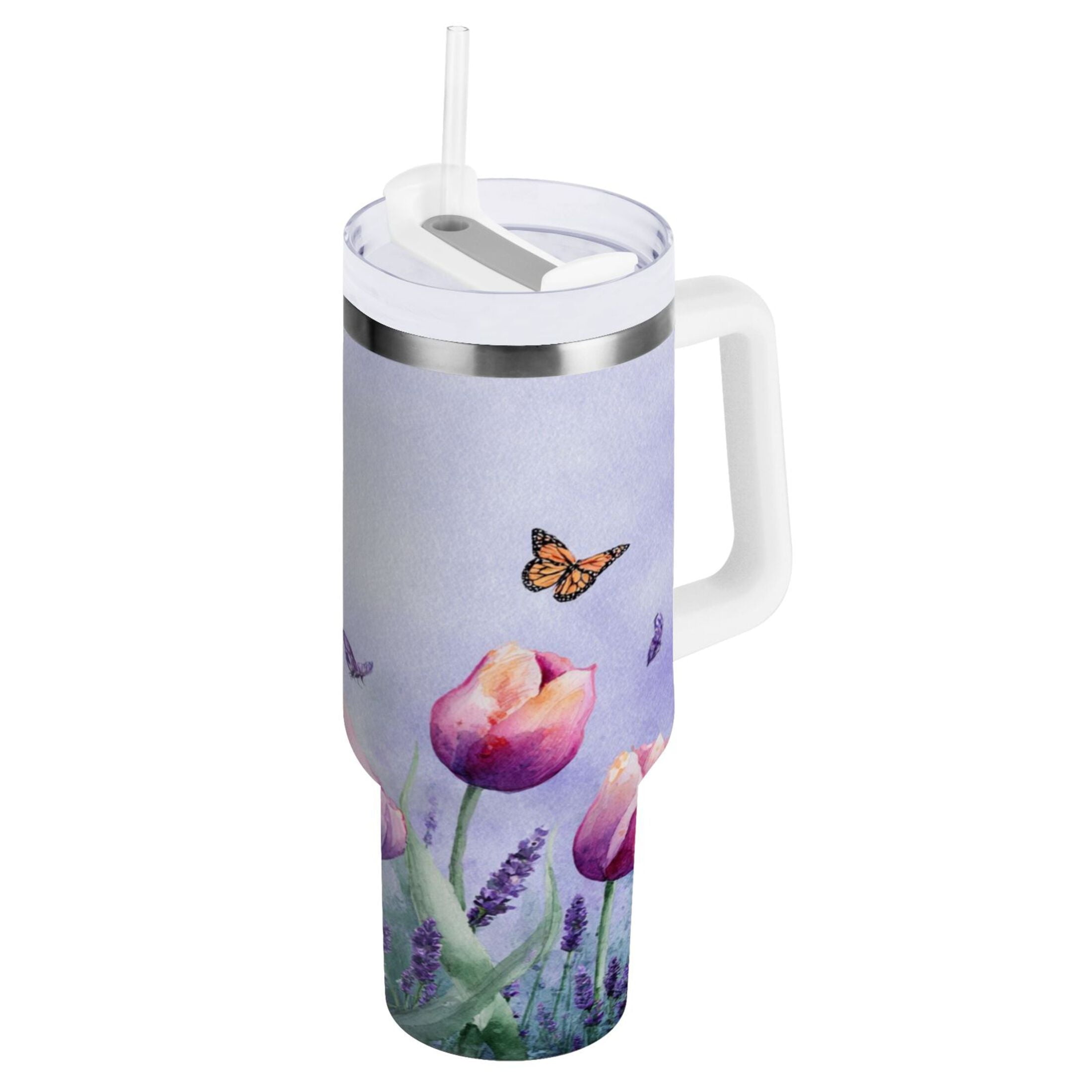 30 oz Insulated Stainless Steel Tumbler Double Wall Stainless Steel Tumbler with 2-Way Drinking Watercolor Tulips and Lavender C487B