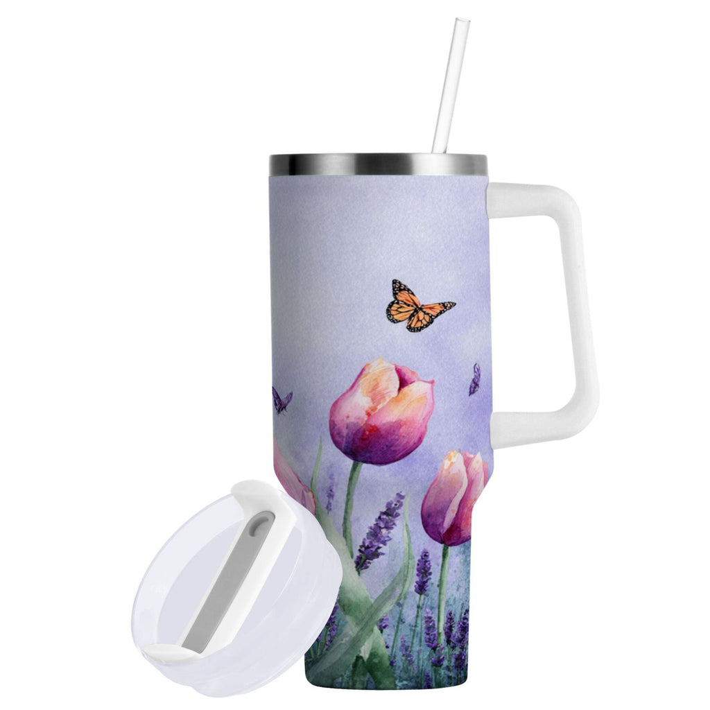 30 oz Insulated Stainless Steel Tumbler Double Wall Stainless Steel Tumbler with 2-Way Drinking Watercolor Tulips and Lavender C487B