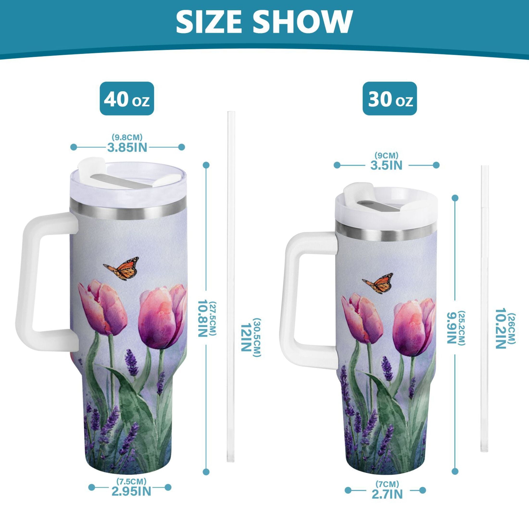 30 oz Insulated Stainless Steel Tumbler Double Wall Stainless Steel Tumbler with 2-Way Drinking Watercolor Tulips and Lavender C487B