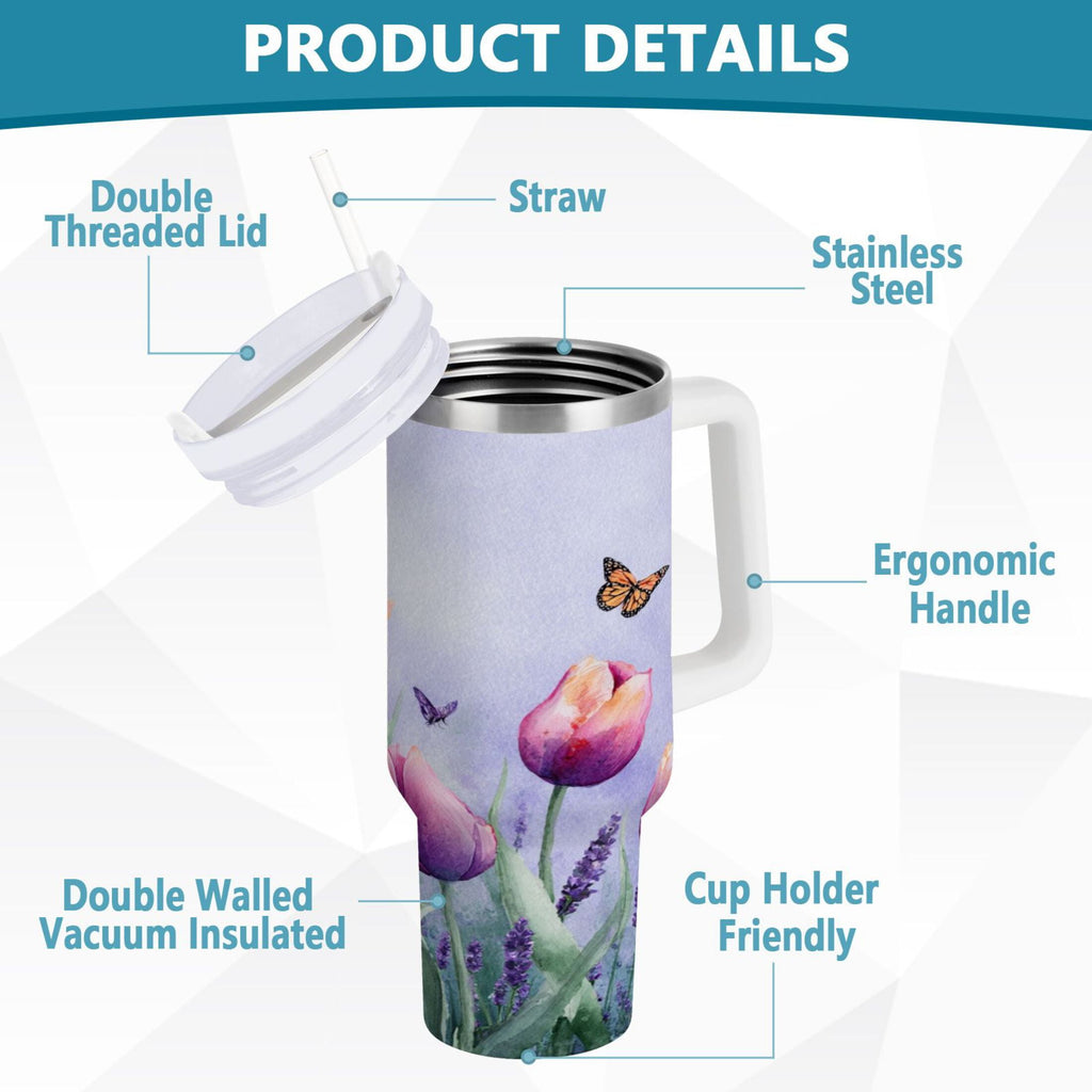 30 oz Insulated Stainless Steel Tumbler Double Wall Stainless Steel Tumbler with 2-Way Drinking Watercolor Tulips and Lavender C487B