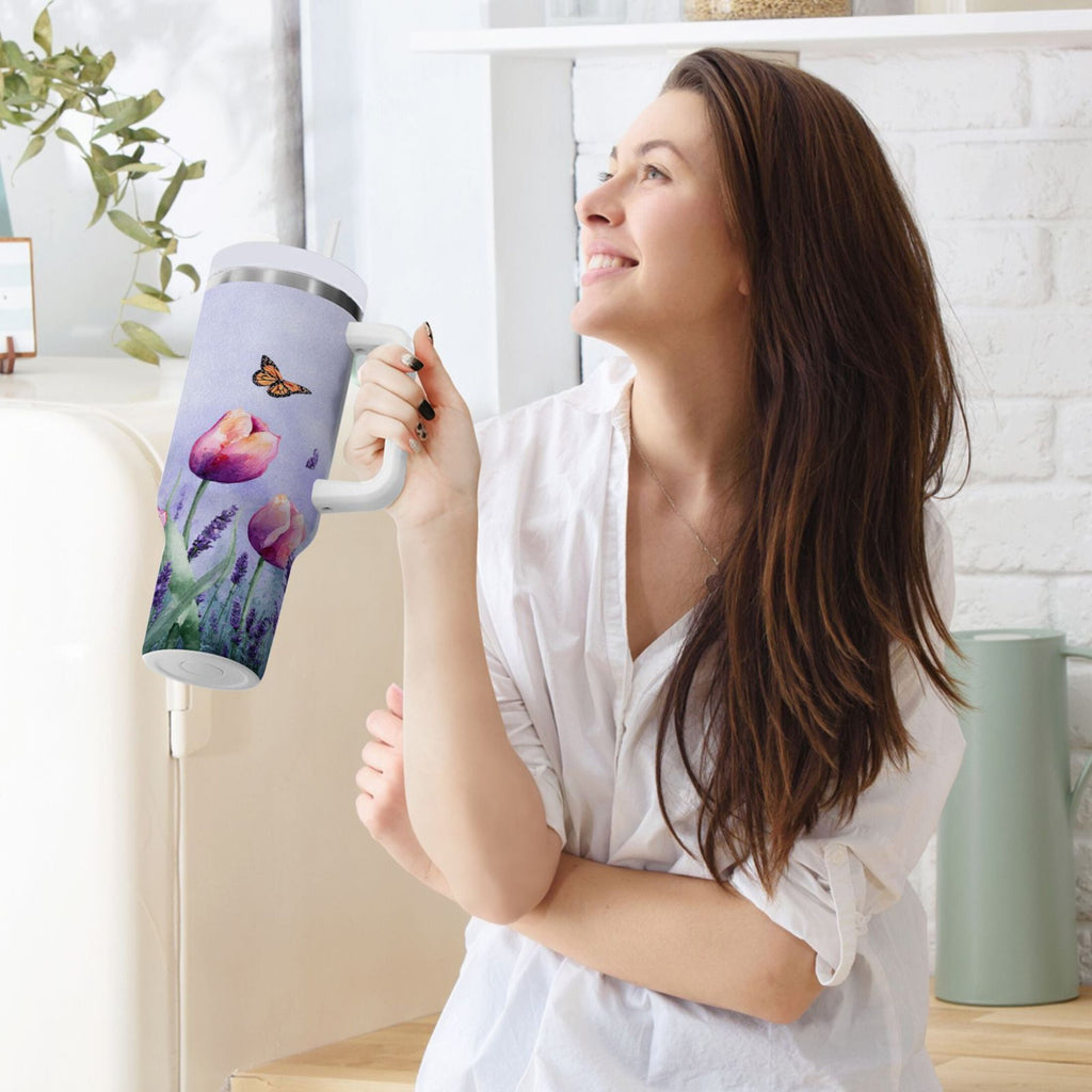 30 oz Insulated Stainless Steel Tumbler Double Wall Stainless Steel Tumbler with 2-Way Drinking Watercolor Tulips and Lavender C487B