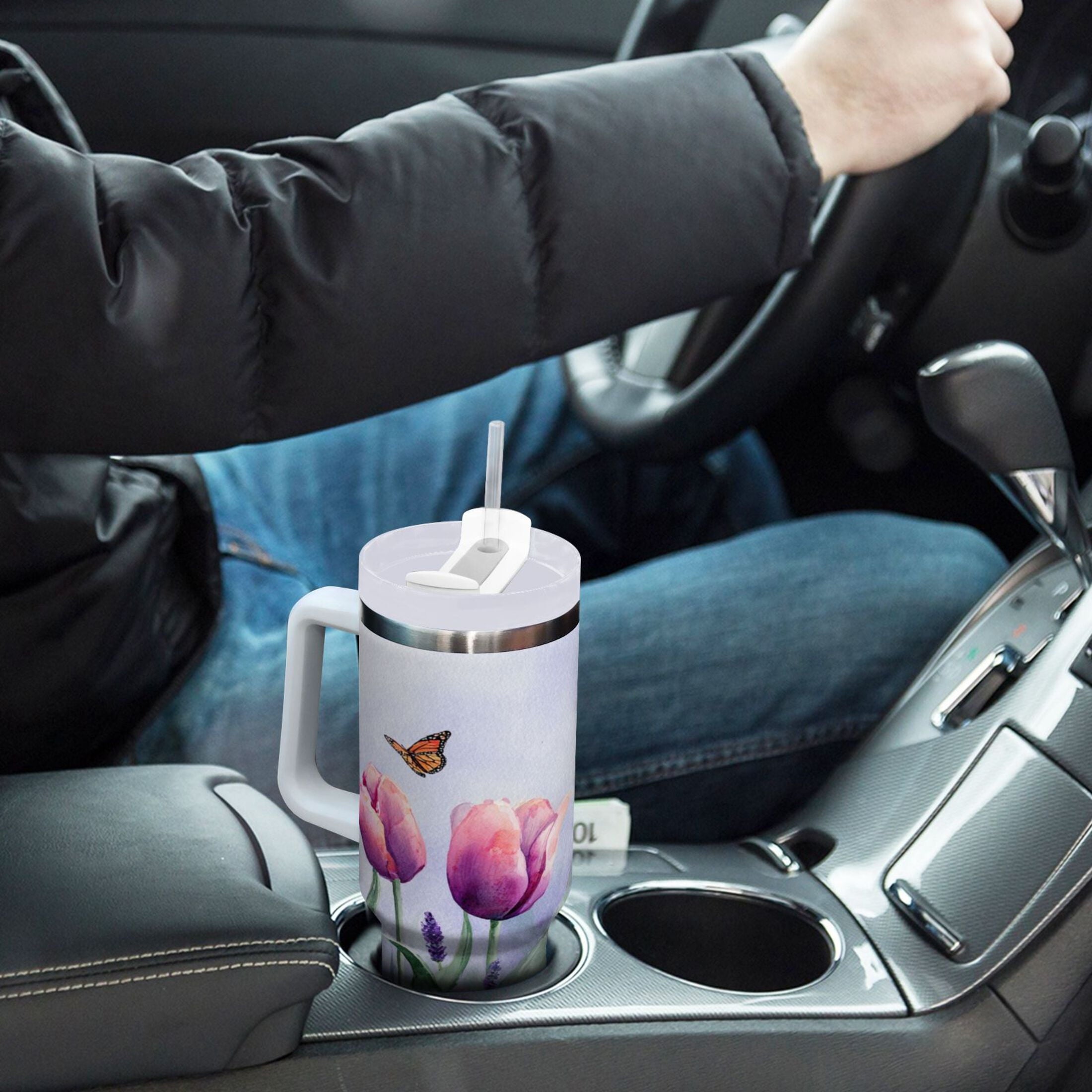 30 oz Insulated Stainless Steel Tumbler Double Wall Stainless Steel Tumbler with 2-Way Drinking Watercolor Tulips and Lavender C487B