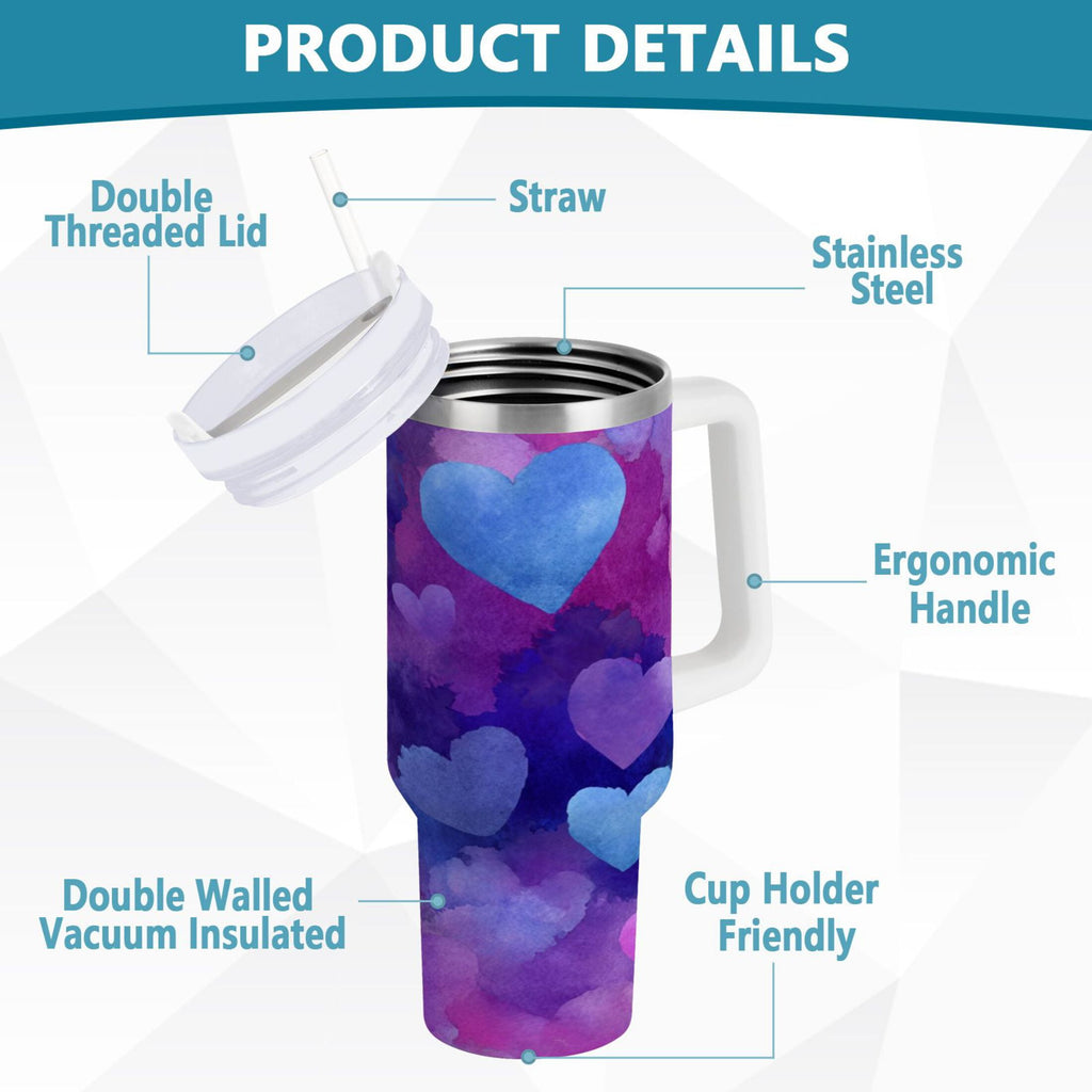 30 oz Insulated Stainless Steel Tumbler Double Wall Stainless Steel Tumbler with 2-Way Drinking Indigo and Violet Hearts C479N