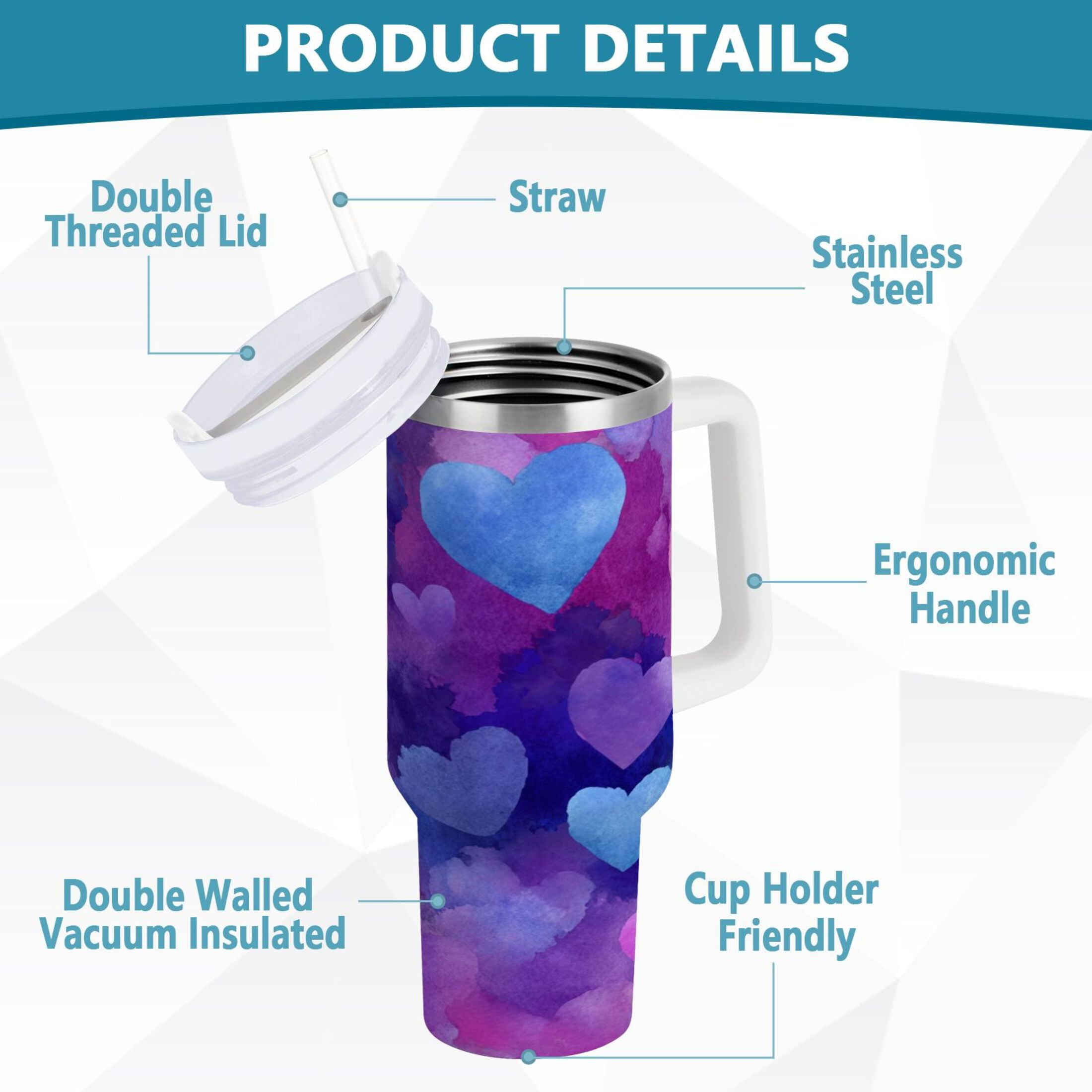 30 oz Insulated Stainless Steel Tumbler Double Wall Stainless Steel Tumbler with 2-Way Drinking Indigo and Violet Hearts C479N