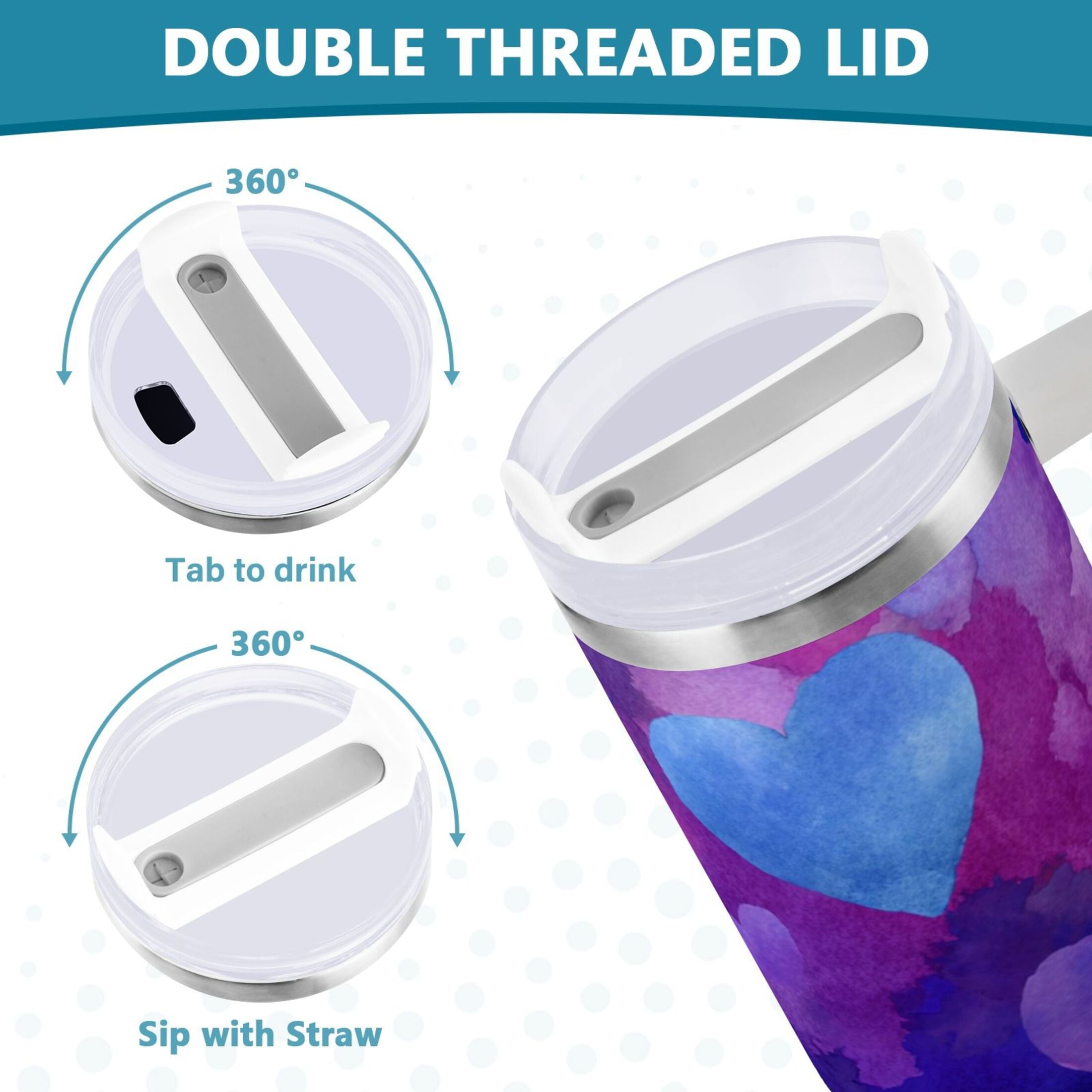 30 oz Insulated Stainless Steel Tumbler Double Wall Stainless Steel Tumbler with 2-Way Drinking Indigo and Violet Hearts C479N