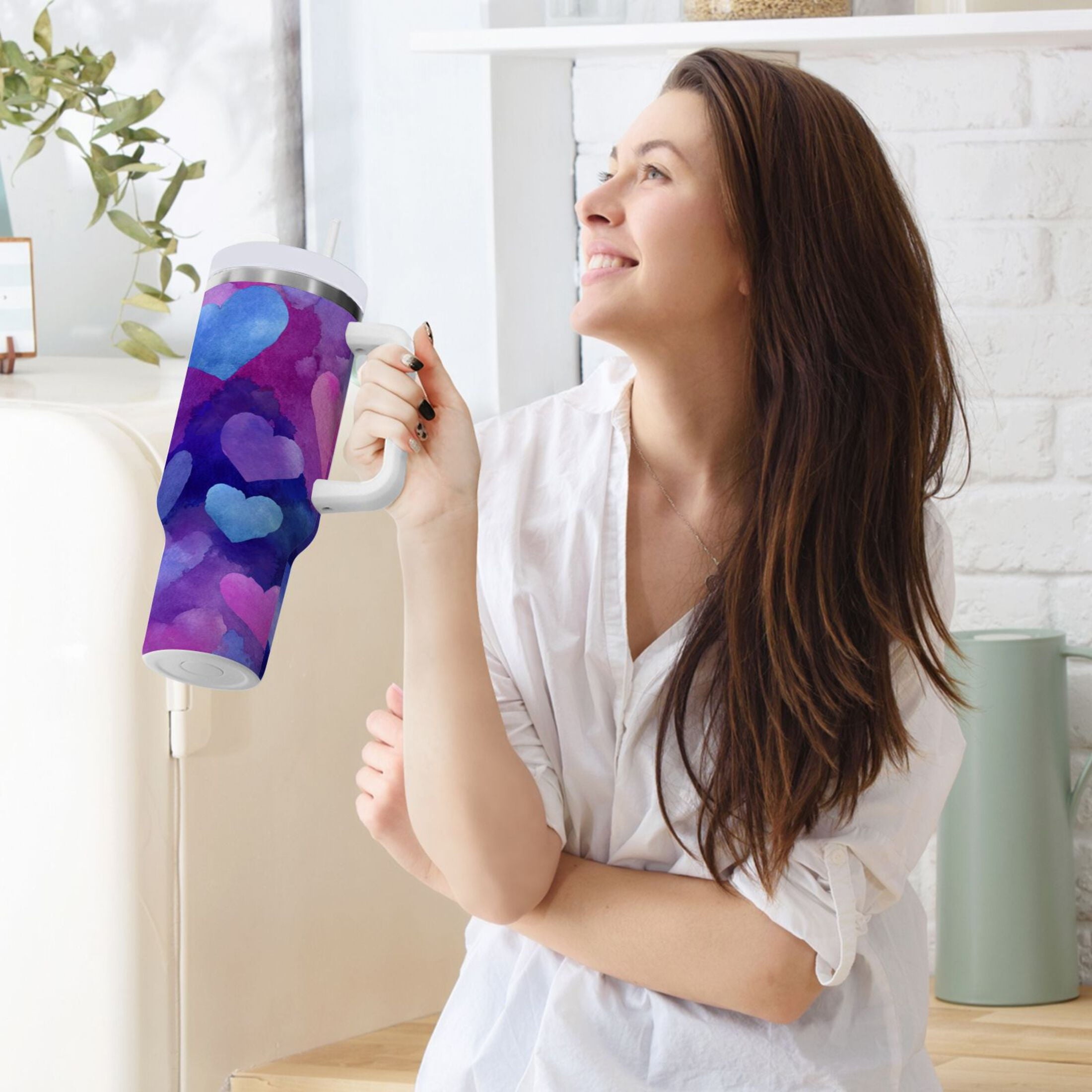 30 oz Insulated Stainless Steel Tumbler Double Wall Stainless Steel Tumbler with 2-Way Drinking Indigo and Violet Hearts C479N
